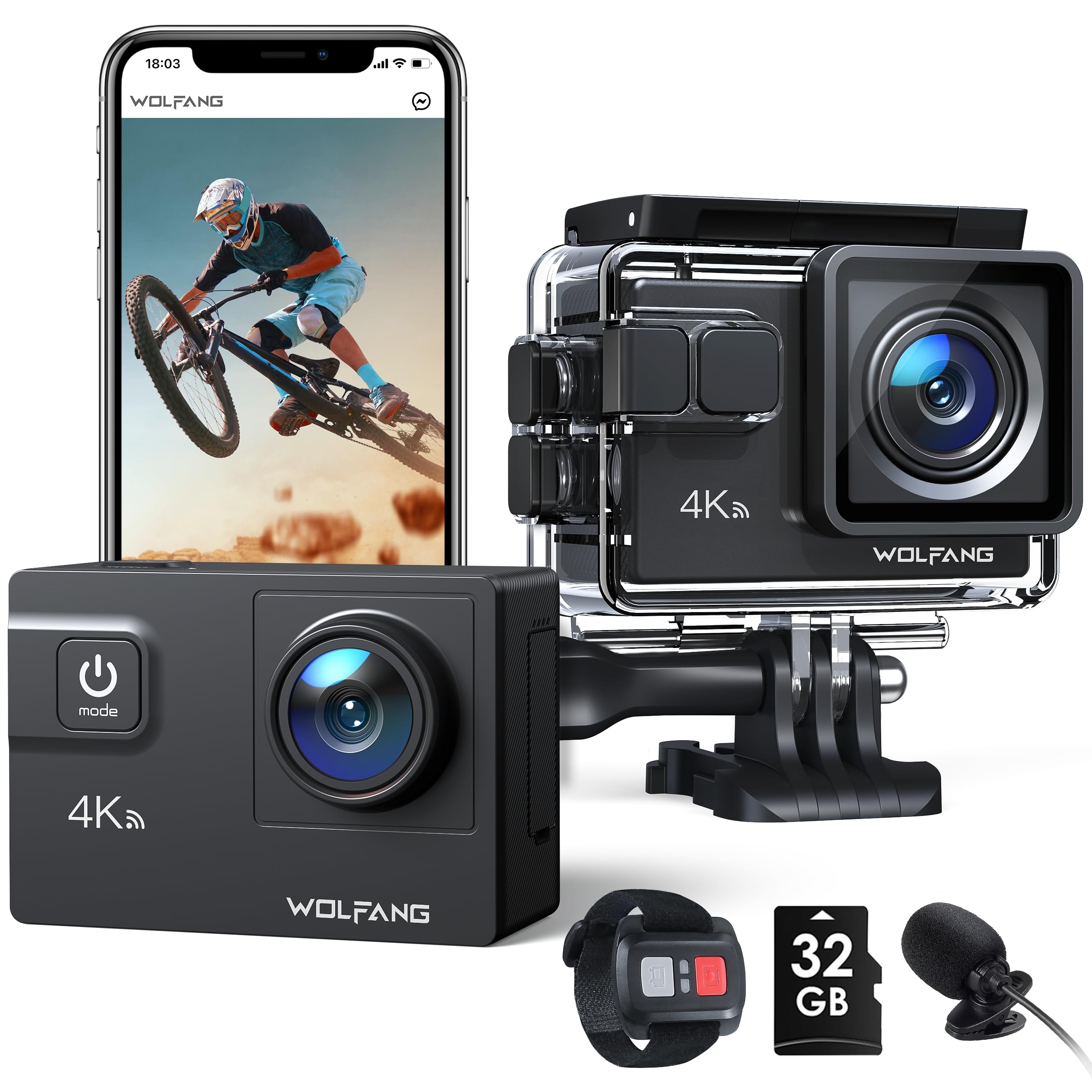 WOLFANG Action Cam,WiFi 4K 60 FPS Neue GA300 Actionkamera,8xZoom 24MP,Unterwasserkamera 40 Meter mi,Dual-Mikrofonen,170° Weitwinkel Verbesserter,EIS 2.4 G Fernbedienung,2 x 1350 mAh Akkus,Touchscreen