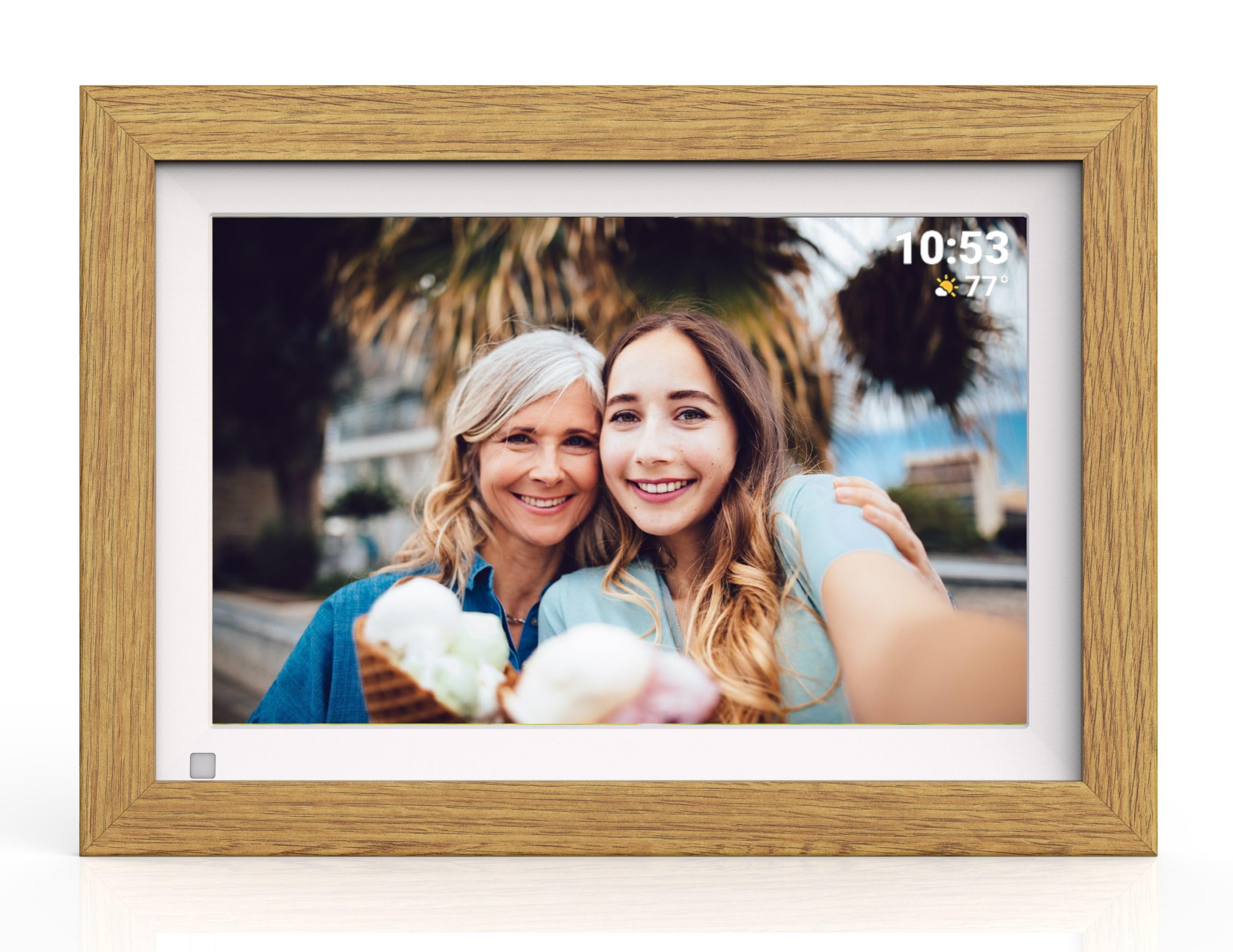 Cytem Digitaler Bilderrahmen 10.1 Zoll mit WLAN & Frameo, Anti-Glare Matt, 32GB Speicher, Bewegungssensor, für USB-Stick +SD-Karte, automatische Bilddehung, IPS-Touchscreen 1280x800, Holzoptik MDF