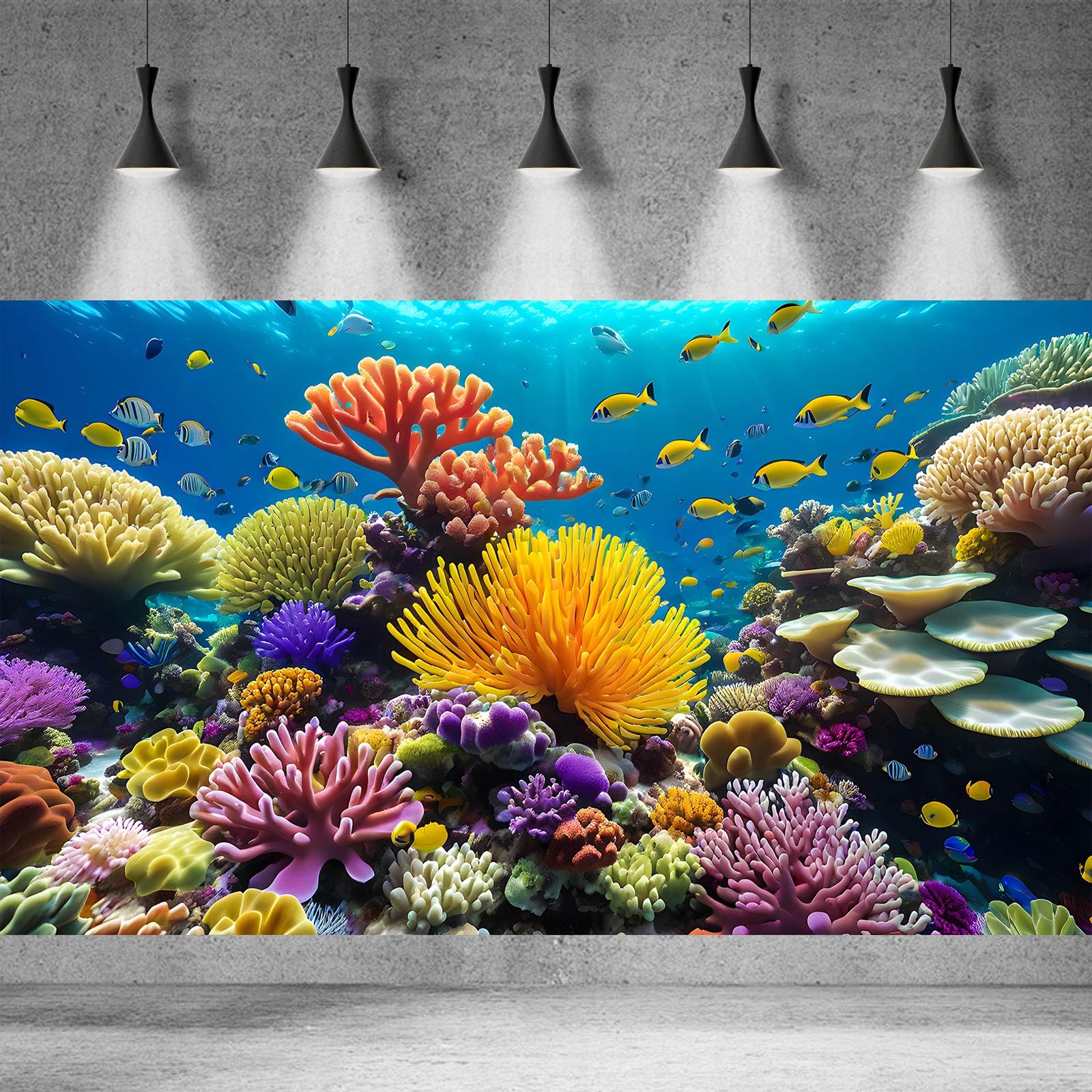 Underwater World - Fondo para acuario, océano profundo, vida marina, terrario, varios corales y peces tropicales, telón de fondo para acuario, rayos de sol submarinos azules, decoración de fondo para