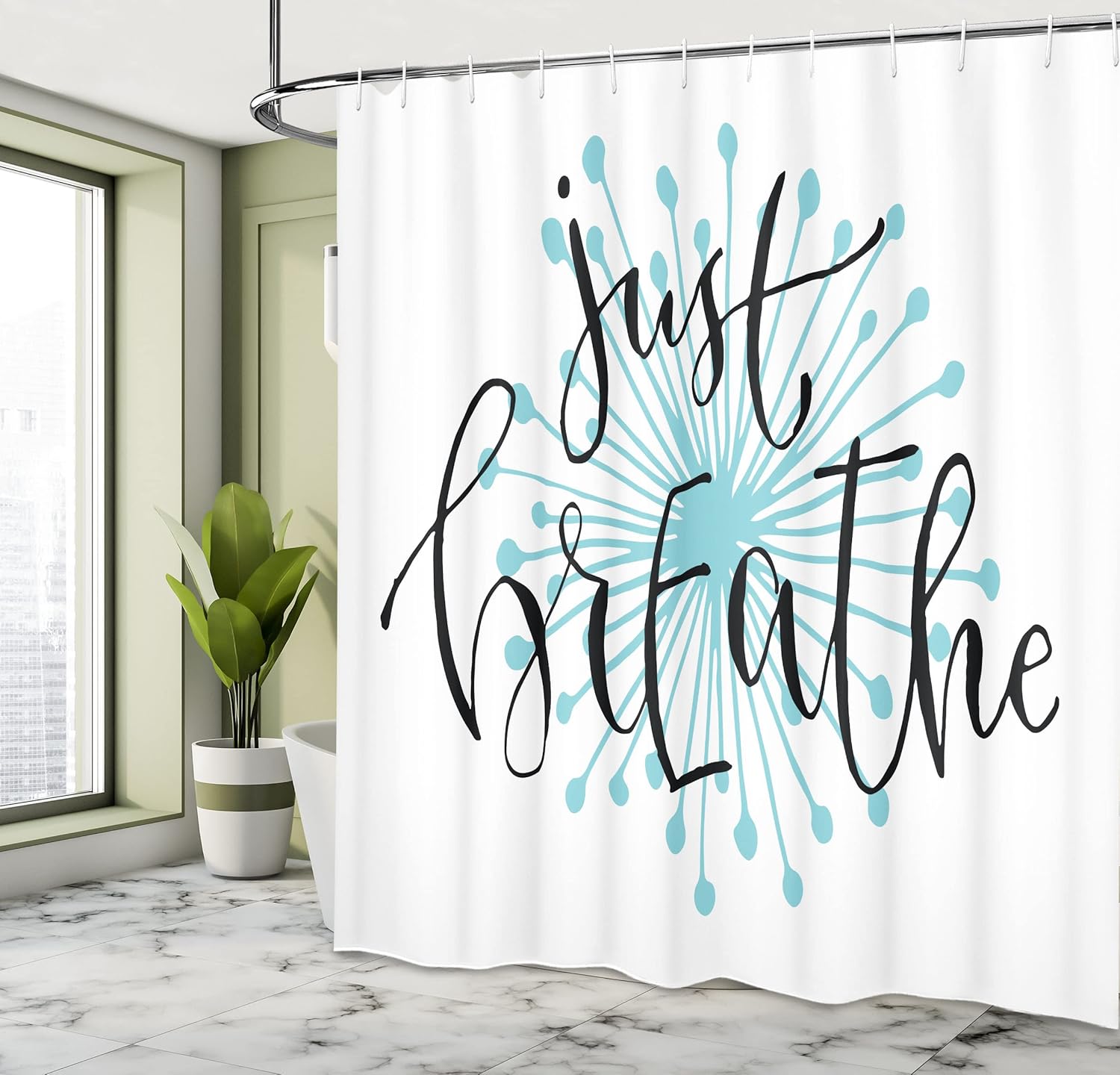 Ambesonne Just Breathe Shower Curtain, Writing for Optimistic Lifestyle Positive Saying in Hand Writing Style, Cloth Fabric Bathroom Decor Set with Hooks, 69" W x 70" L, Aqua Black White