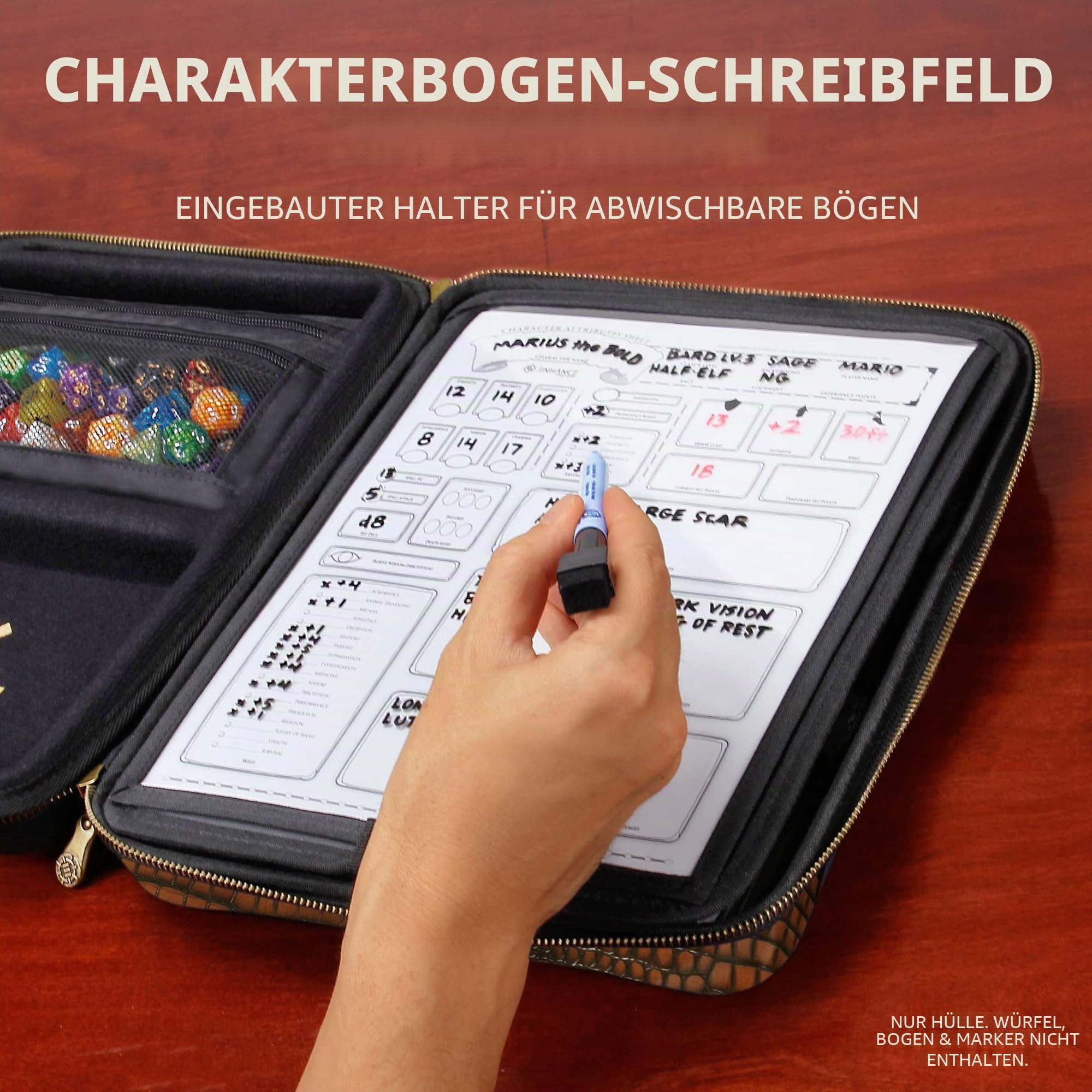 Enhance RPG-Organizer-Tasche – DND-Ordner mit integriertem Zeichenblatthalter und löschbarem Anreißfeld, Würfelrollbereich, Abnehmbarer Stifttasche, Miniatur-Schaumstoffablage, Handgelenkschlaufe