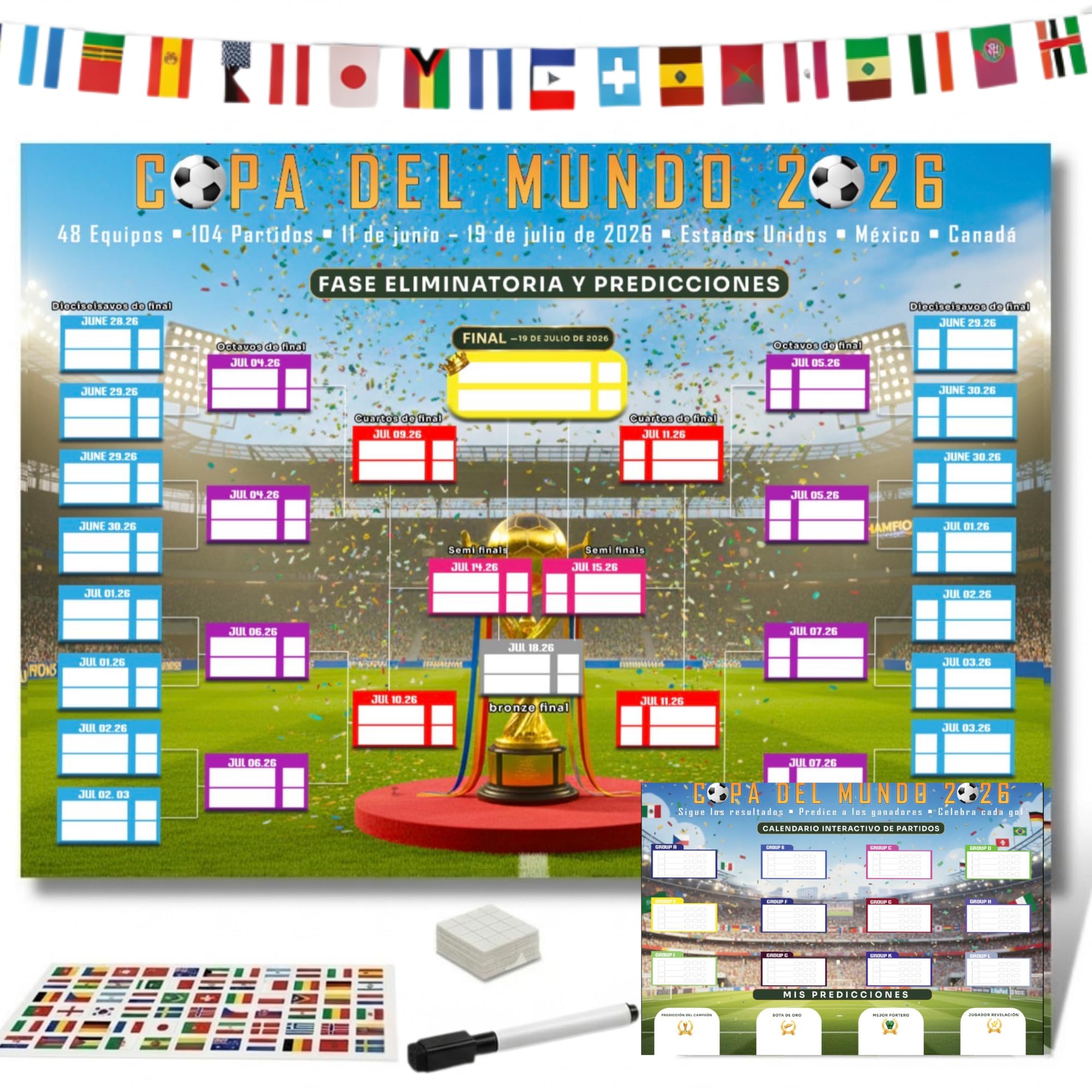 Bopeto Poster del programma del torneo di calcio internazionale 2026, confezione da 2 grafici da parete con staffa da 48 squadre, decorazione per partite di calcio e regali per gli appassionati di