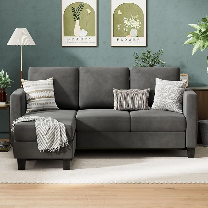 VICTONE Convertible Sectional Sofa Couch, 3 Seat L-Shaped Sofa with Linen Fabric, Movable Ottoman Small Couch for Small Apartments, Living Room and Office (Dark Grey) (Box 2 of 2 Only)