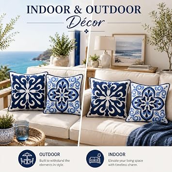 Waterproof Outdoor Pillow Covers 18x18, Set of 2, Blue & White Medallion Coastal Patio Throw Pillow Covers, Hidden Zipper, Covers Only