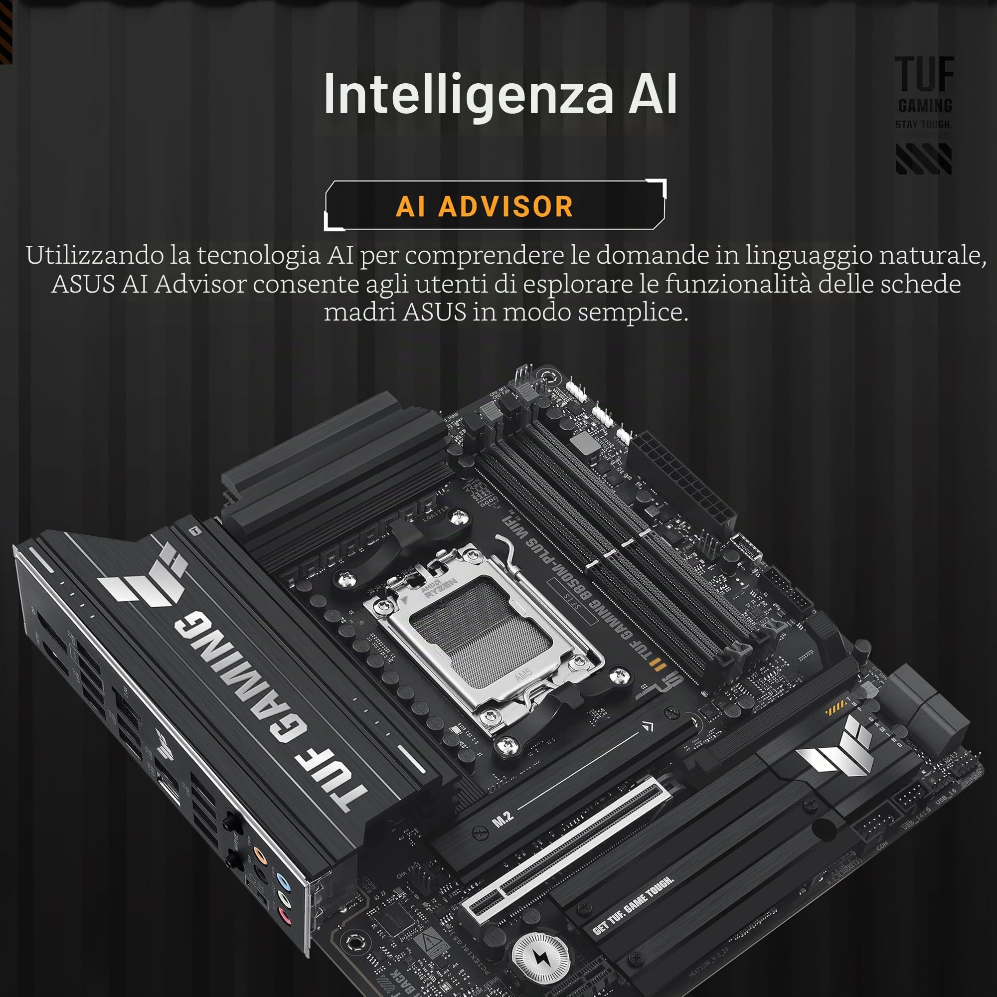 ASUS TUF Gaming B850M-PLUS - Scheda madre WiFi AMD AM5 B850 mATX, 14+2+1 stadi DrMOS 80A, DDR5, PCIe 5.0, 3X M.2, Wi-Fi 6E, 2.5Gb LAN, DP, HDMI, USB 10Gbps e 20Gbps Type-C, BIOS Flashback, Aura Sync