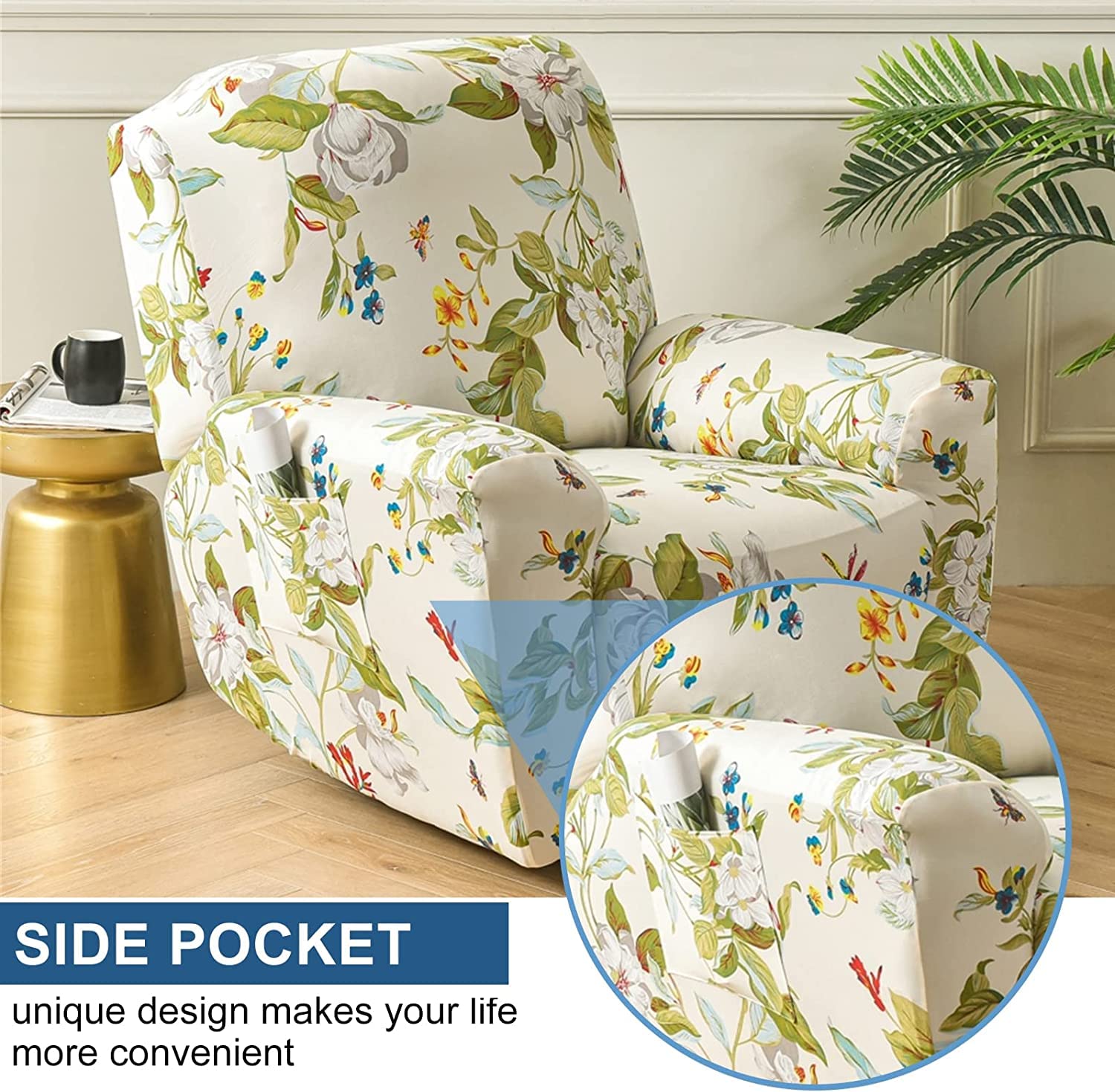 Housse De Fauteuil Relax Extensible 1 Place - 4 Pièces Avec Poche - Tissu Polyester/élasthanne - Lavable, Anti-glisse