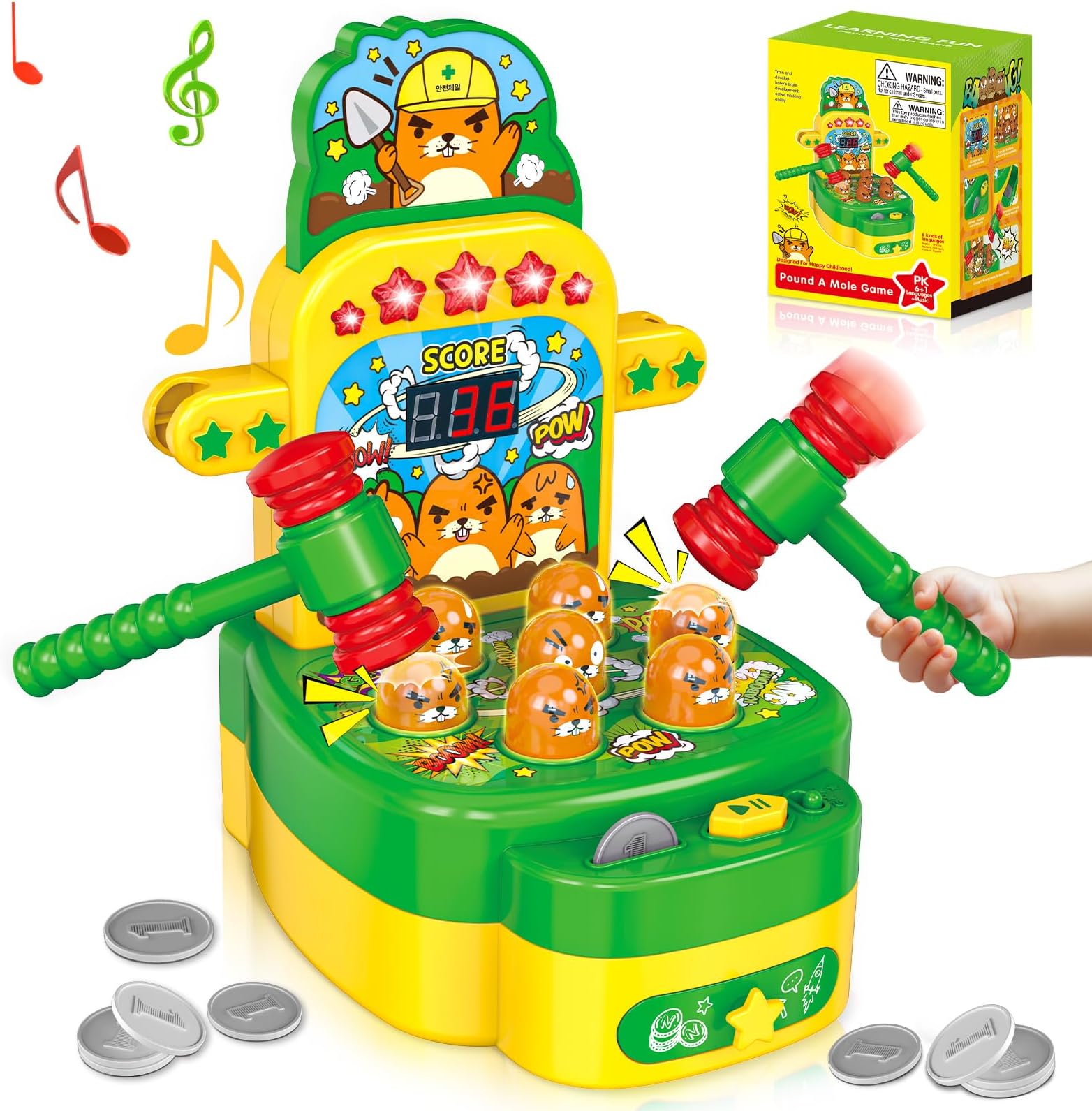 Whack A Mole Game with 2 Hammers Toy, Whack Game Toy with Mole for 3 4 5 6 7 8 Years Old Boys Girls, Interactive Educational Toys with Sound and Light