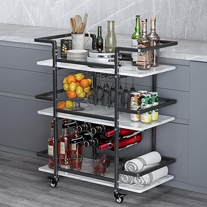 LAITIMIA 3-Tier Bar Cart, Home Bar Serving Cart, Rolling Wine Cart with Bottle Storage and Wine Glass, Kitchen Serving Cart, Liquor Beverage Cocktail Cart for The Home Dining Party, Black