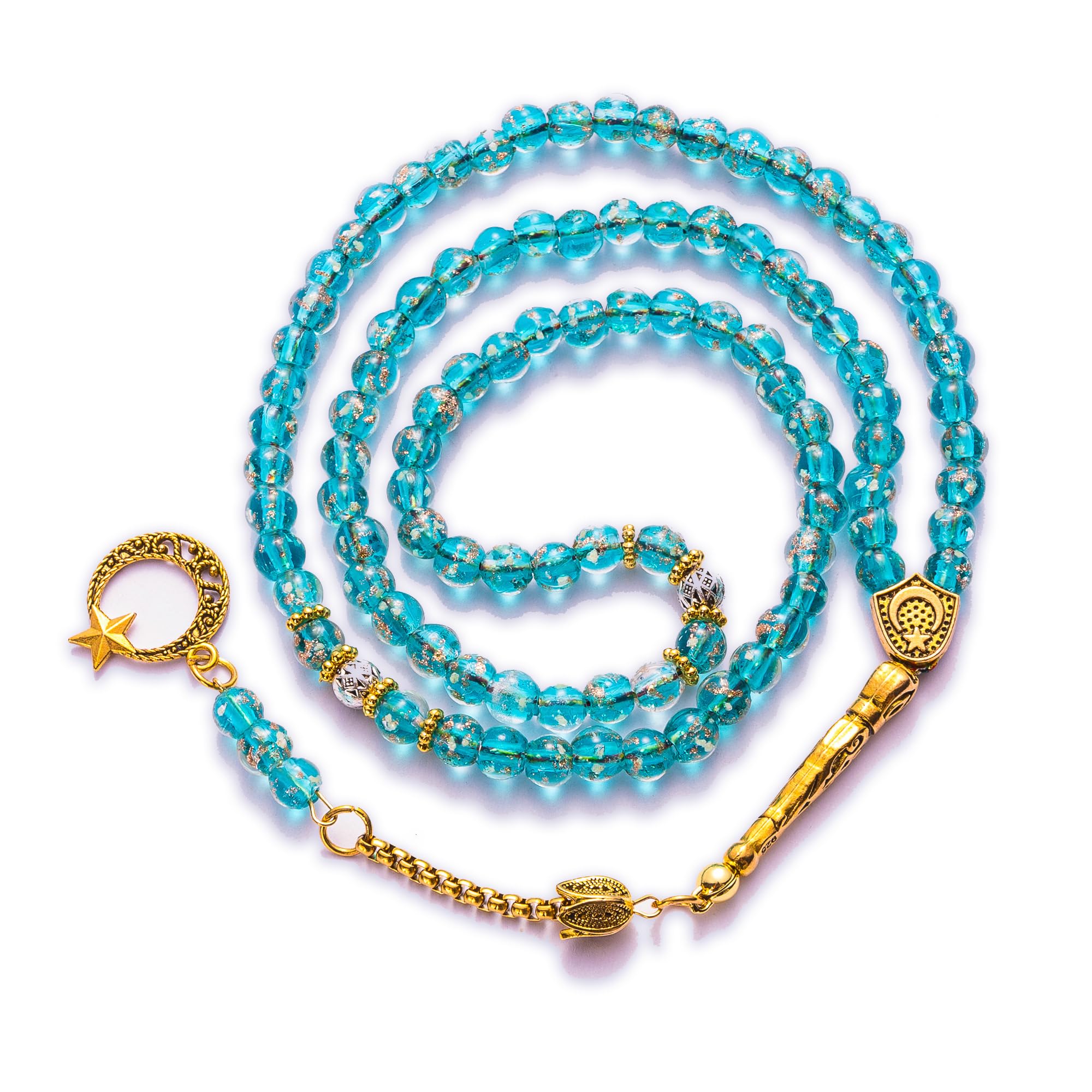 Handcrafted Luminous Glass Tasbih – 99 Handmade Glow-in-the-Dark Prayer Beads with Islamic Star & Moon Charm and Gift Box