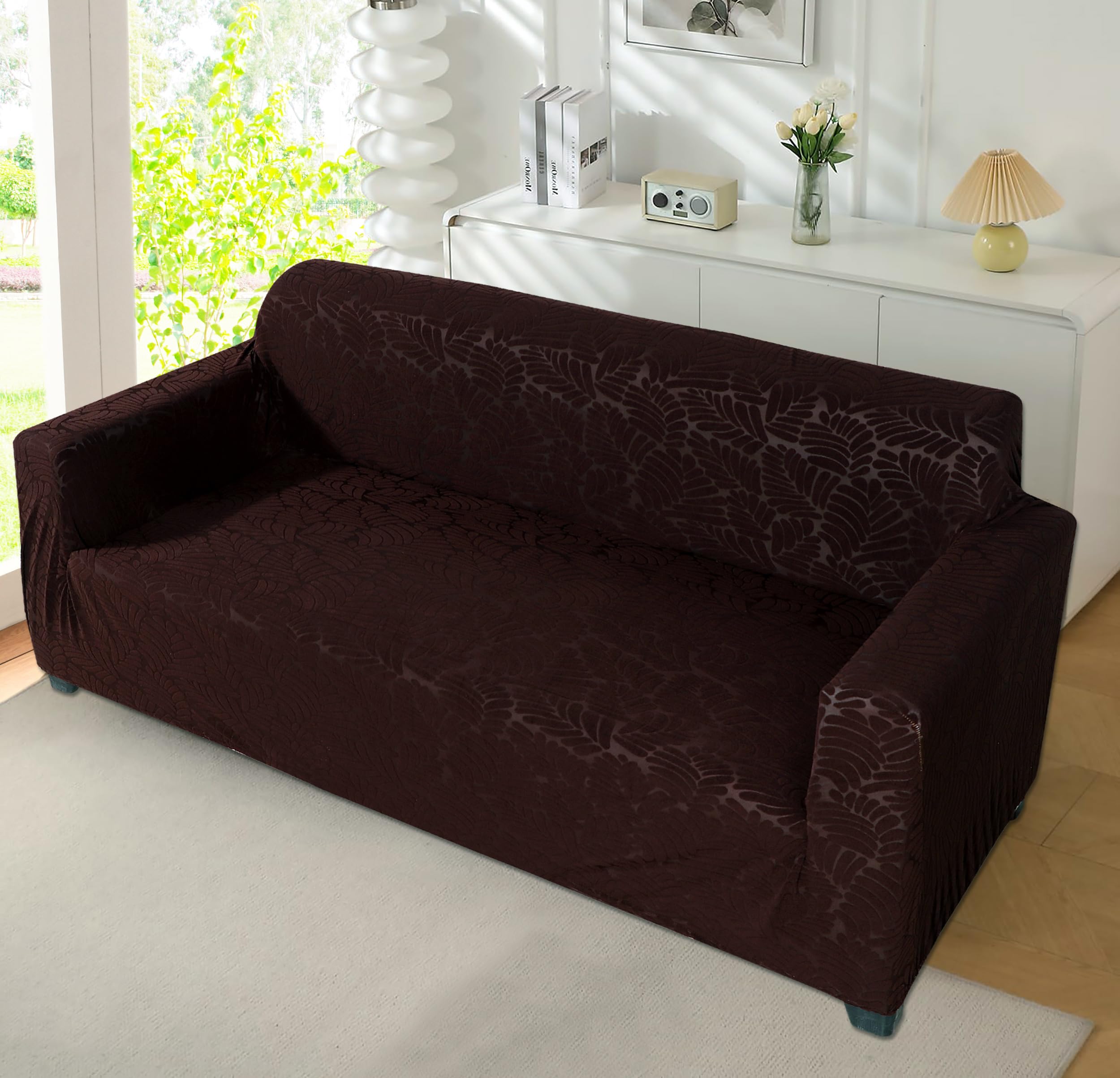 3 Seater Elastic Stretchable Sofa Cover, Dark Brown, Leaf Embossed Pattern, Elastic Slipcover for 3 Seater-picture-31