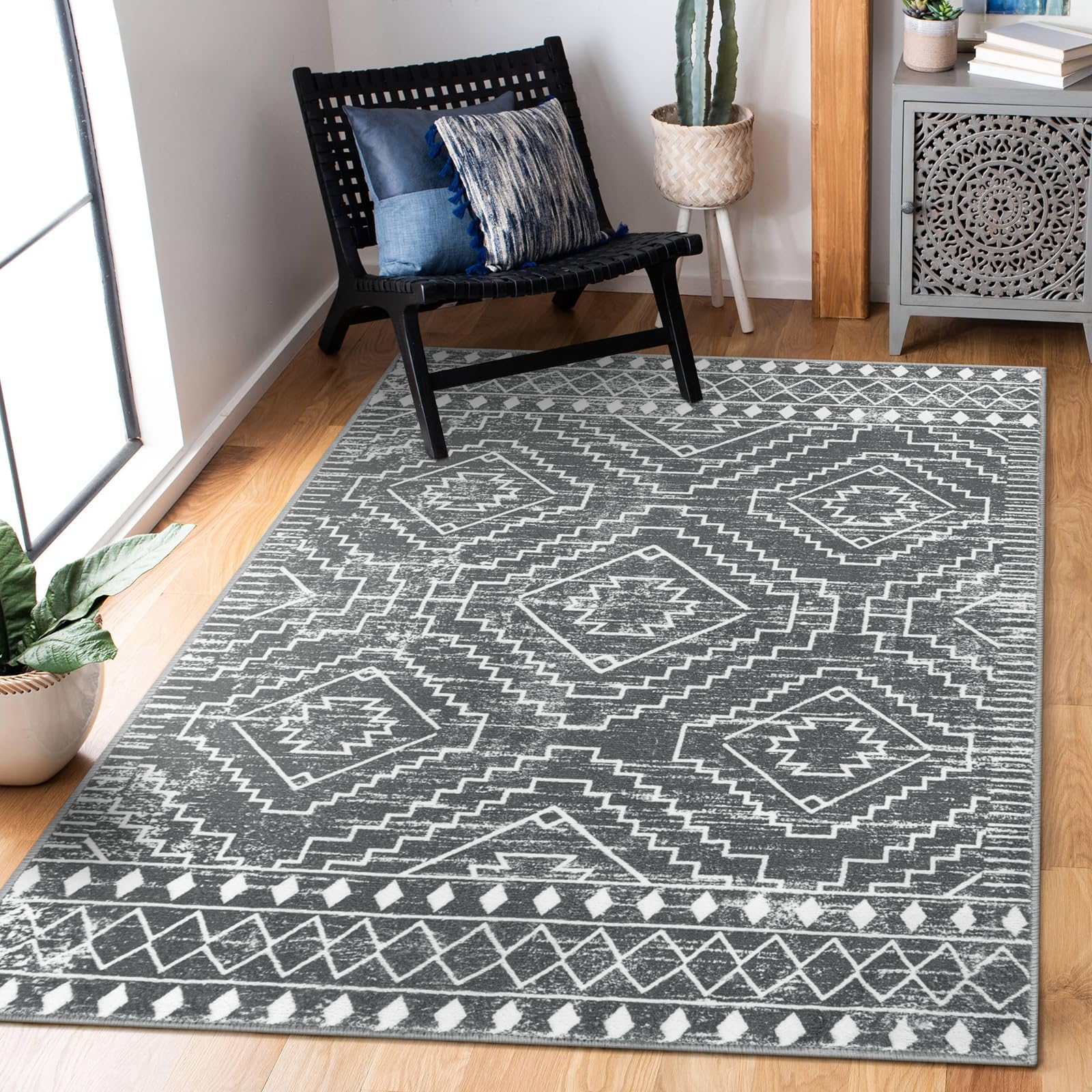 Wonnitar Moroccan 3x5 Washable Area Rug,Boho Living Room Rug,Non-Slip Farmhouse Rustic Bedroom Throw Mat,Non-Shedding Soft Geometric Floor Carpet for Kitchen Entry Office,Dark Grey