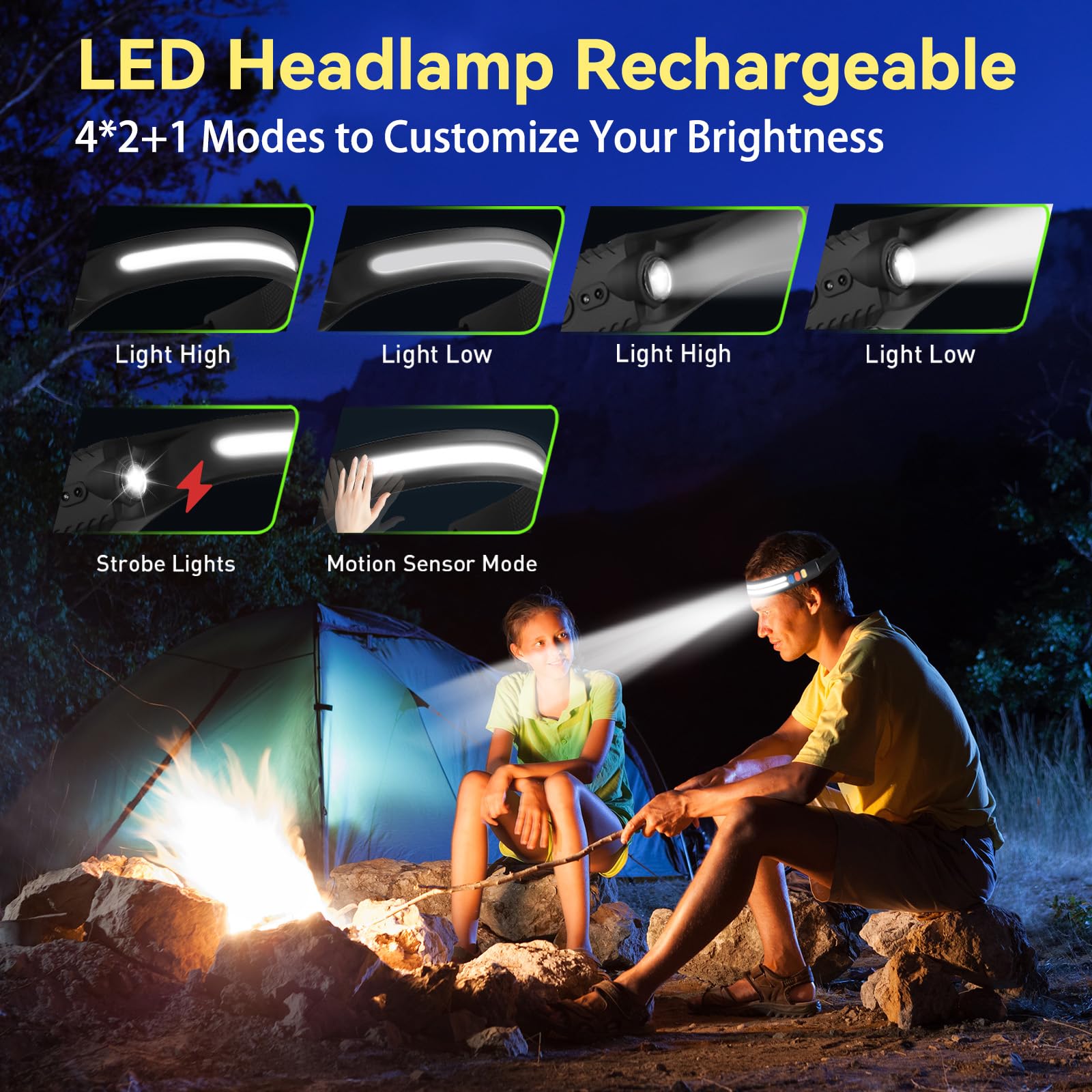 Lampe frontale rechargeable 1200 mAh LED avec détecteur de mouvement rouge, faisceau large de 230 °, double bande LED, super lumineux, pour la course à pied