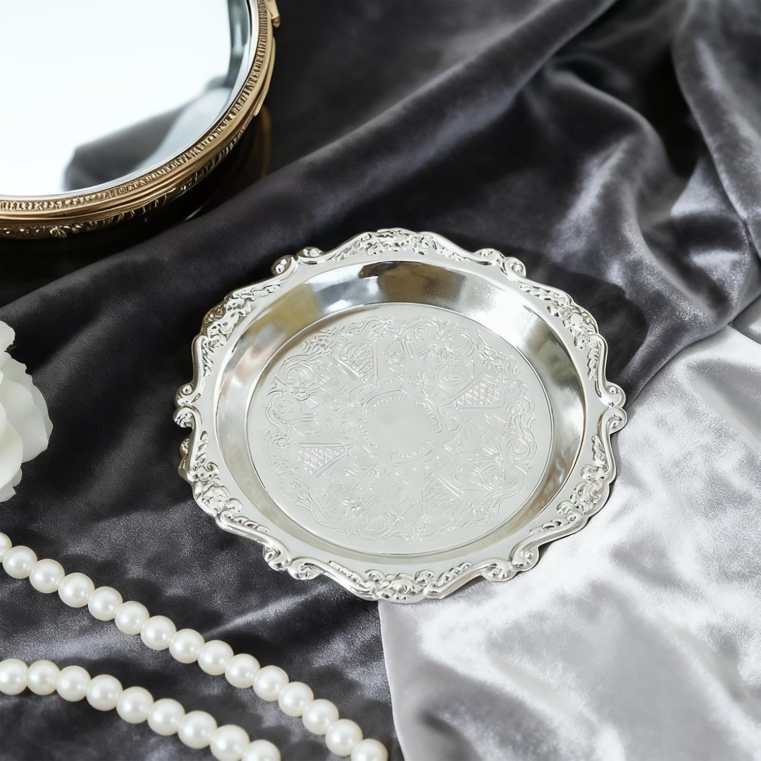 Pillar Candle Holder Set of 2 Jewelry Dish Ring Holder Candle Stand Decorative Metal Plate Vanity Tray for Weding Home Decor (Silver)
