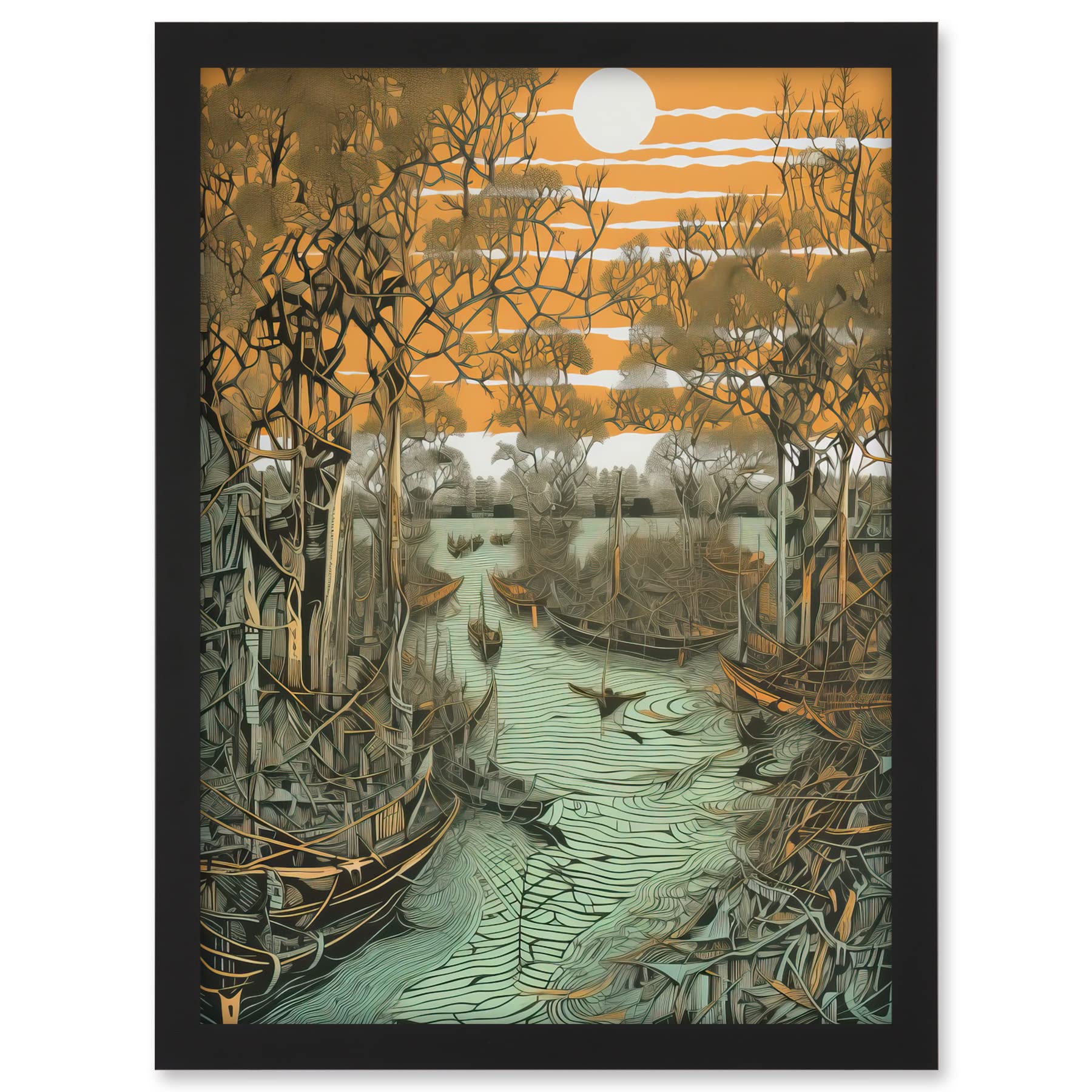 Artery8 Mangrove Forest Swamp Landscape Linocut Style Artwork Framed A3 Wall Art Print