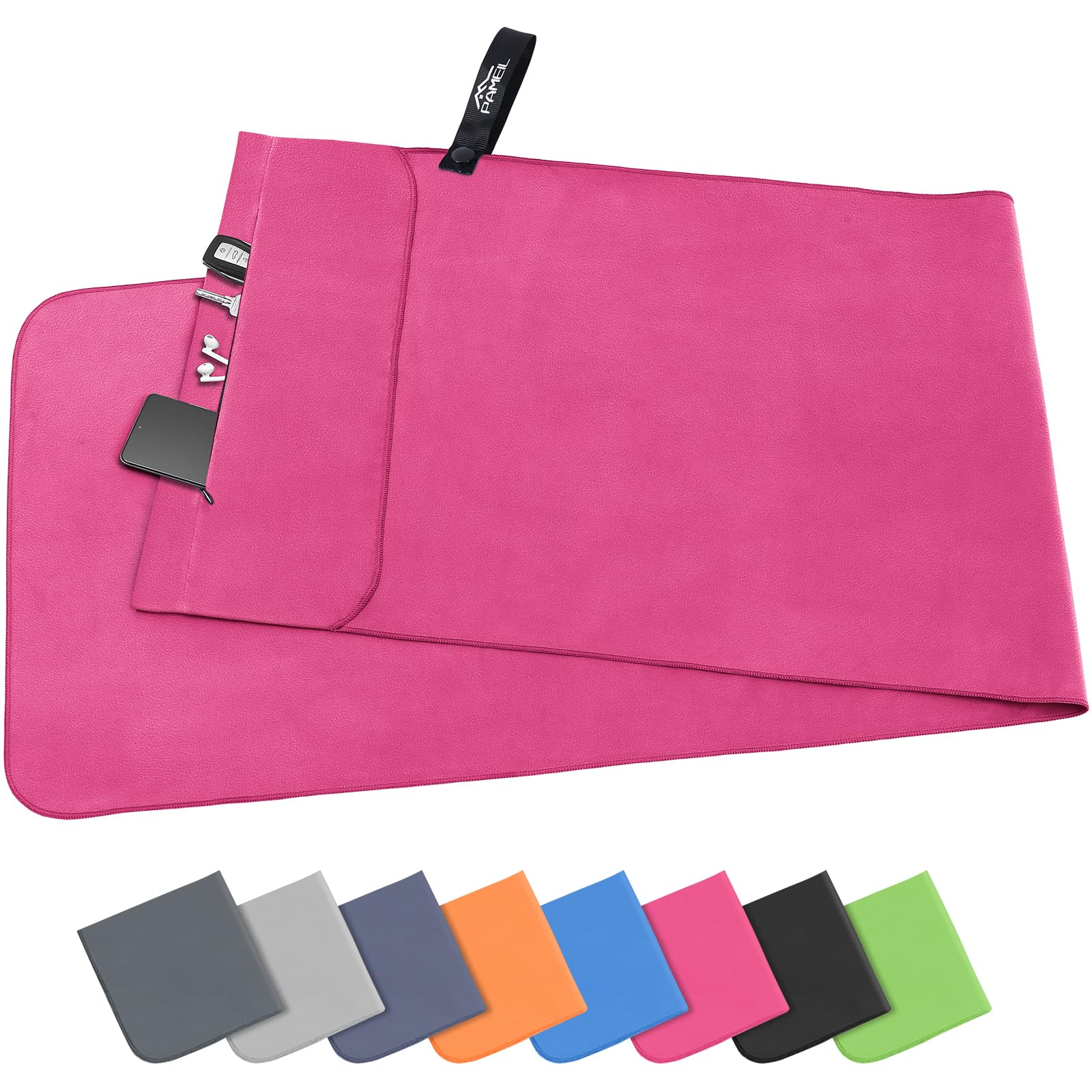 Pameil Asciugamano Microfibra, 120x50cm Asciugamano Palestra, Leggero & Assorbente Telo Palestra Microfibra Con Tasca Con Cerniera per Viaggi, Spiaggia, Yoga, Sauna