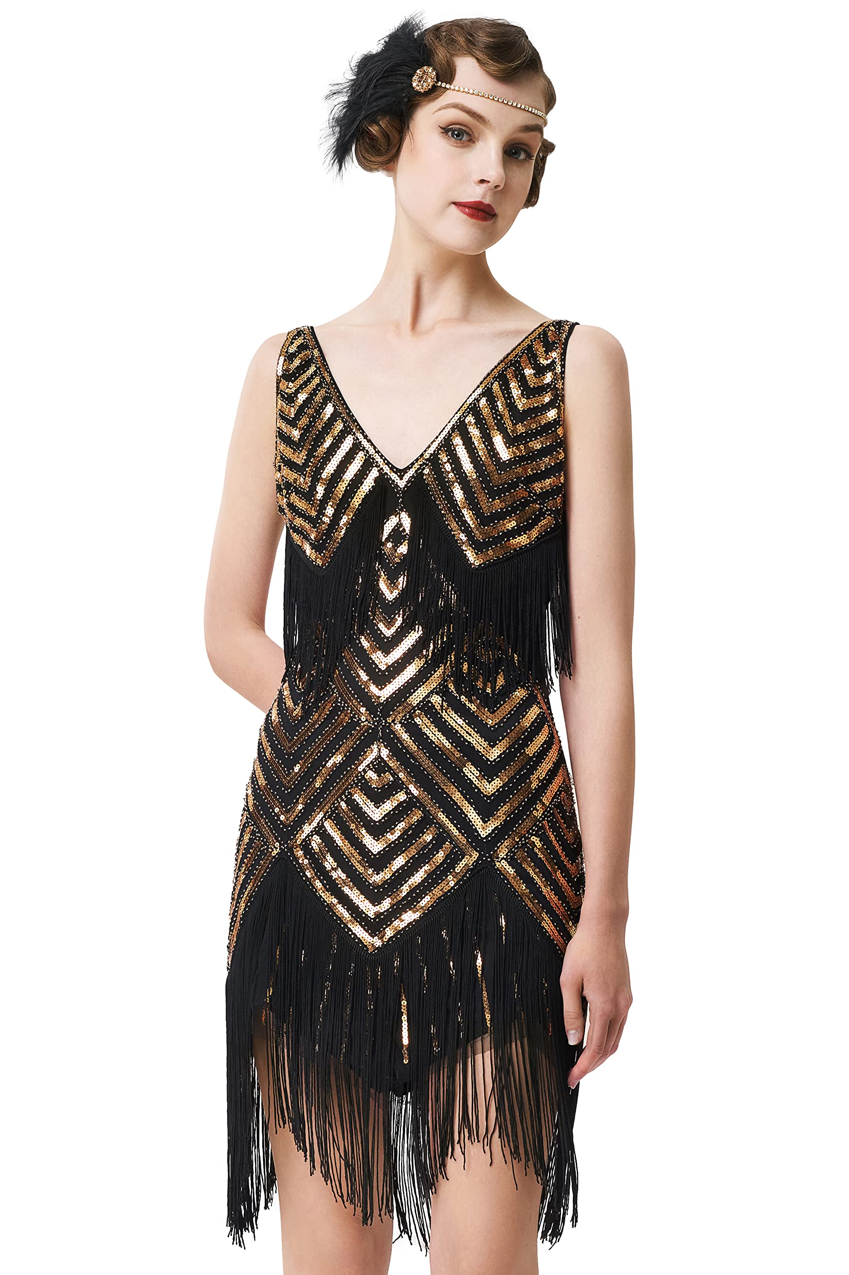 BABEYOND Robe style années 1920 avec col en V pour femme, style Gatsby le Magnifique, noir/doré, Taille S