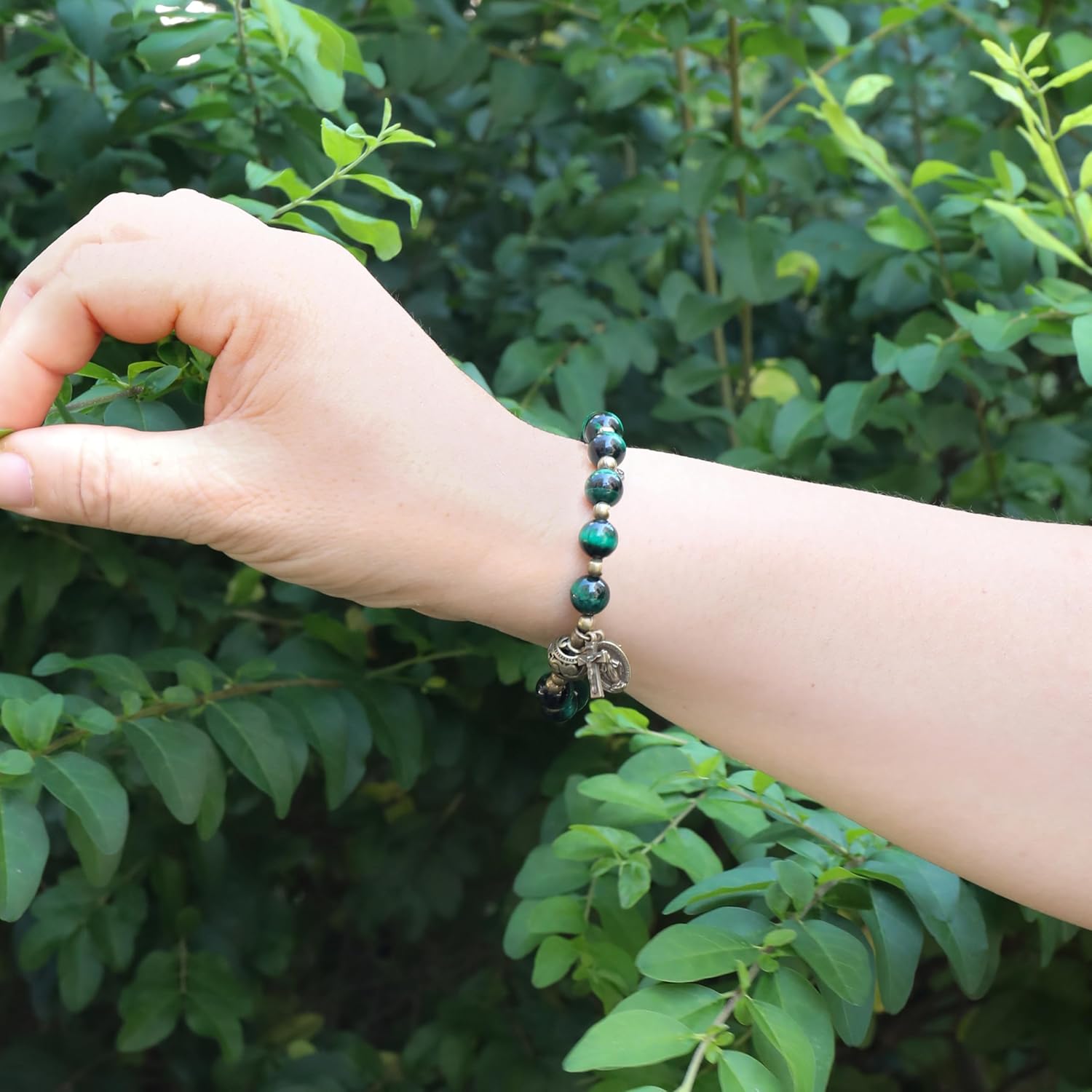 Nazareth Store Stone Beads Rosary Bracelet with Metal Separators and Catholic Medal - Durable and Elegant Wrist Jewelry - Image 3