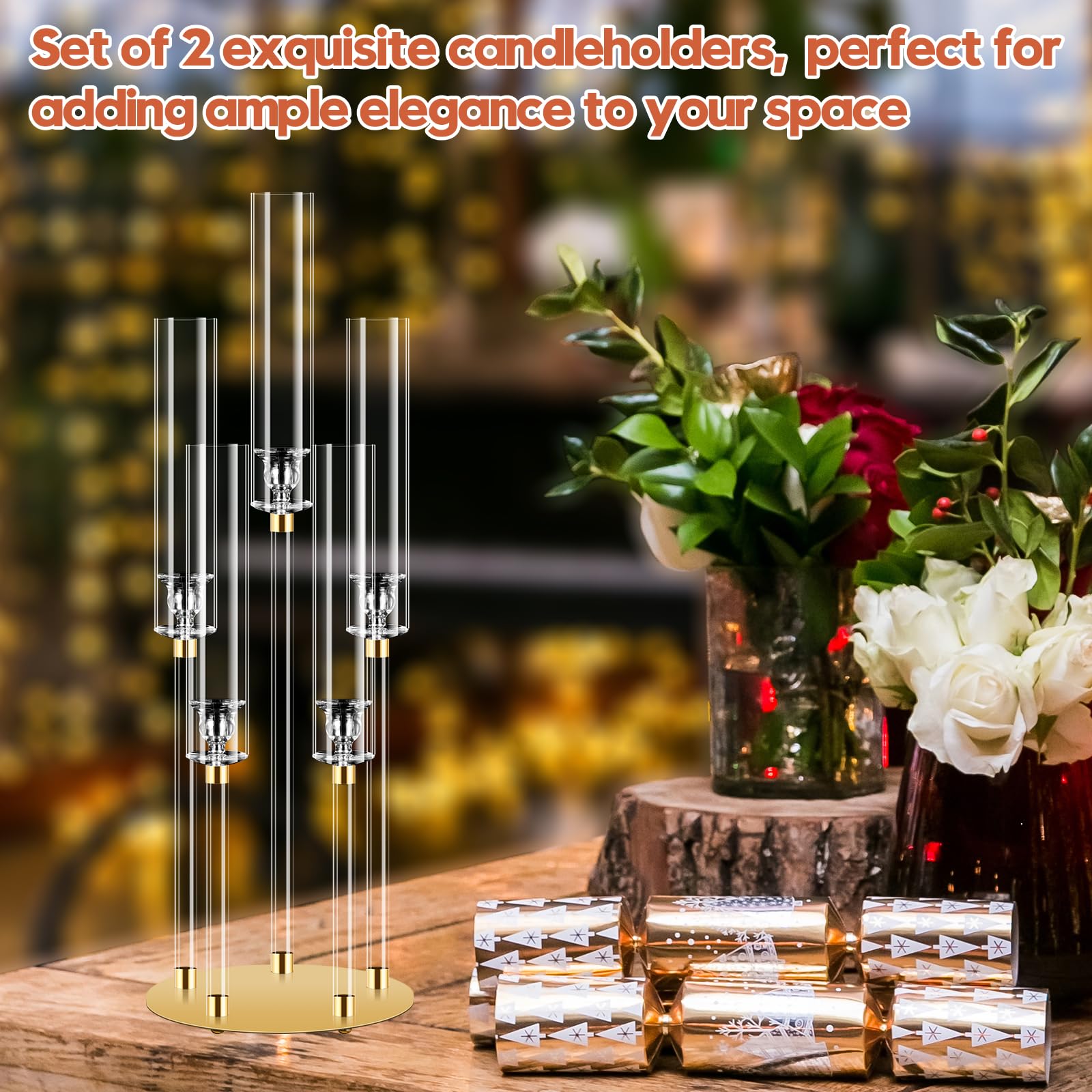 2 Pezzi Candelabro in Acrilico con Base Metallo, Portacandele Alto 68 cm 5 Bracci, Centrotavola Stabile per Matrimonio, Natale e Casa