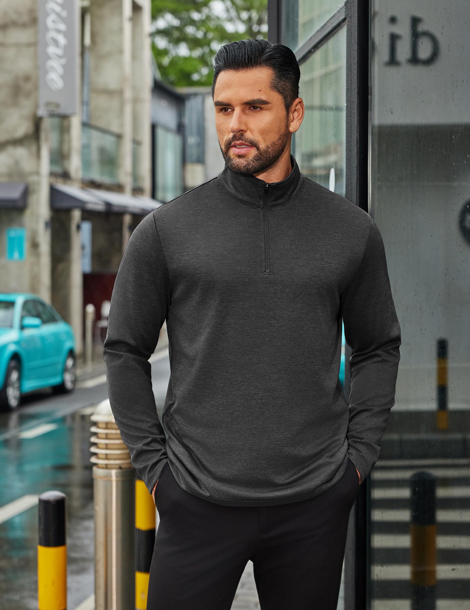 COOFANDY Pullover da uomo con cerniera a un quarto a maniche lunghe, collo alto, polo da golf