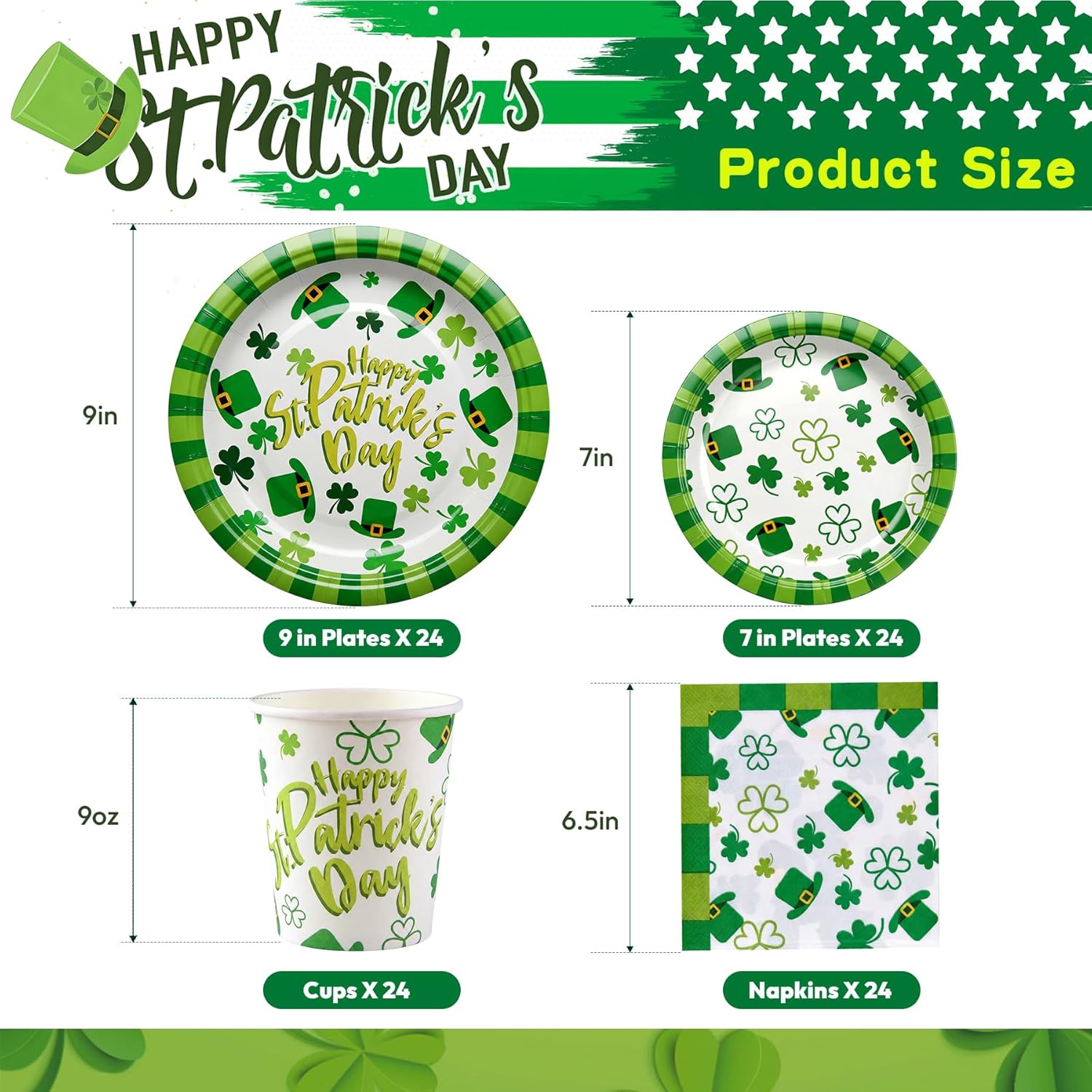 St Patrick’s Day Party Decorations Set Serve 24, St Patrick’s Day Party Supplies Kit Includes Green Shamrocks Disposable Dinner Plates, Dessert Plates, Napkins, Cups for Green Irish Party Decorations