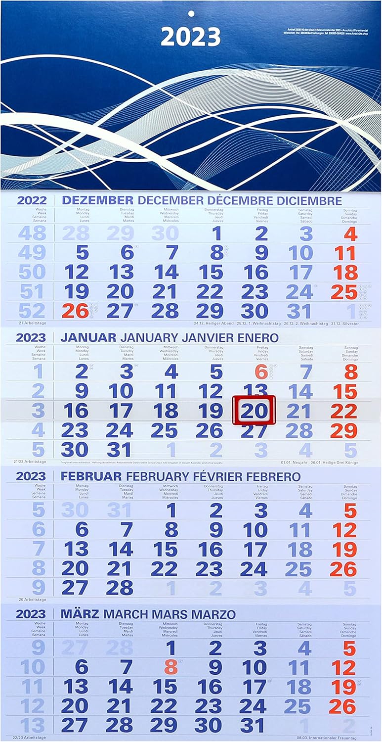 der blaue 4-Monatskalender Kompakt 2023 blauer Bürokalender großer