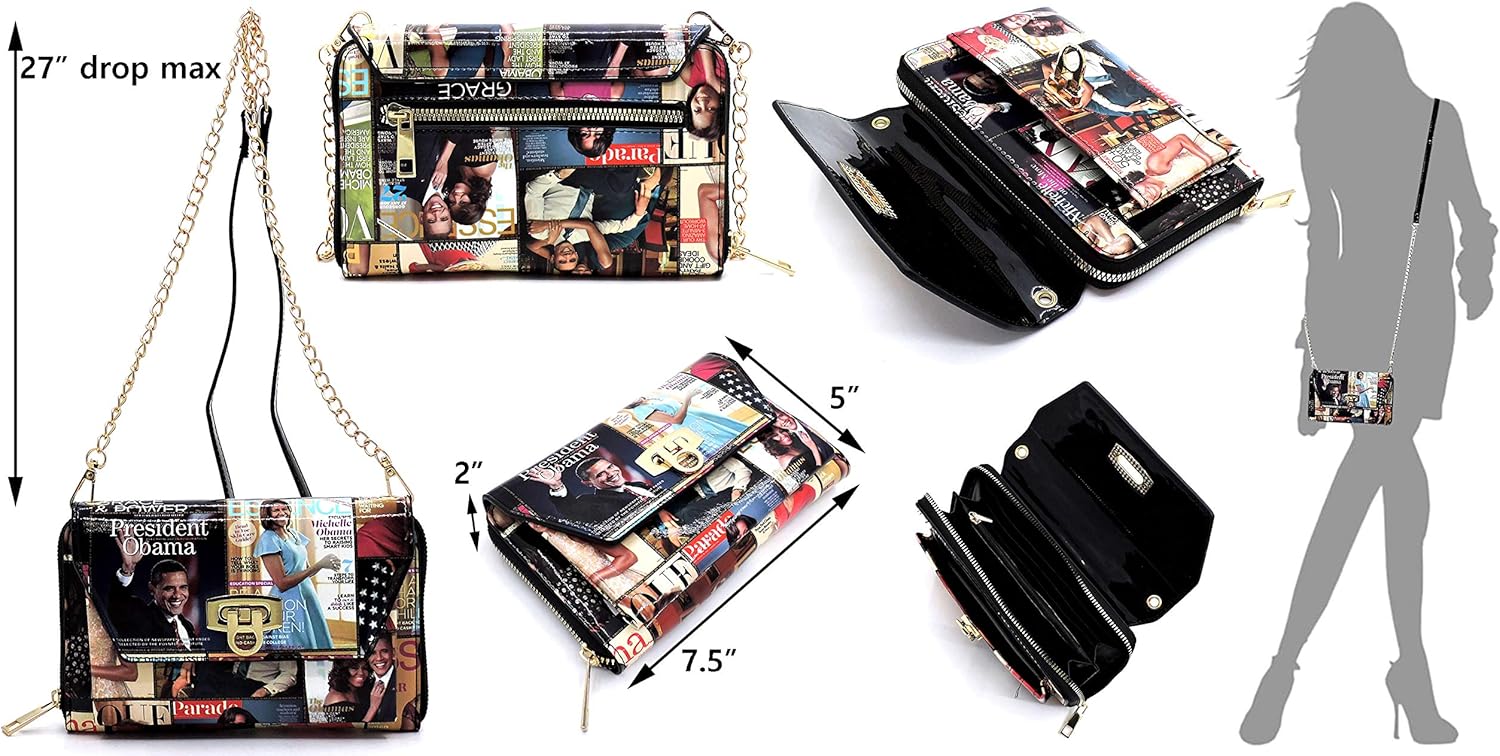 Amy & Joey Glossy Magazine Cover Collage Michelle Obama Printed Crossbody Wallet Clutch Bags with Flap and Zip Around Closure (Single Zip-Multi/Red)