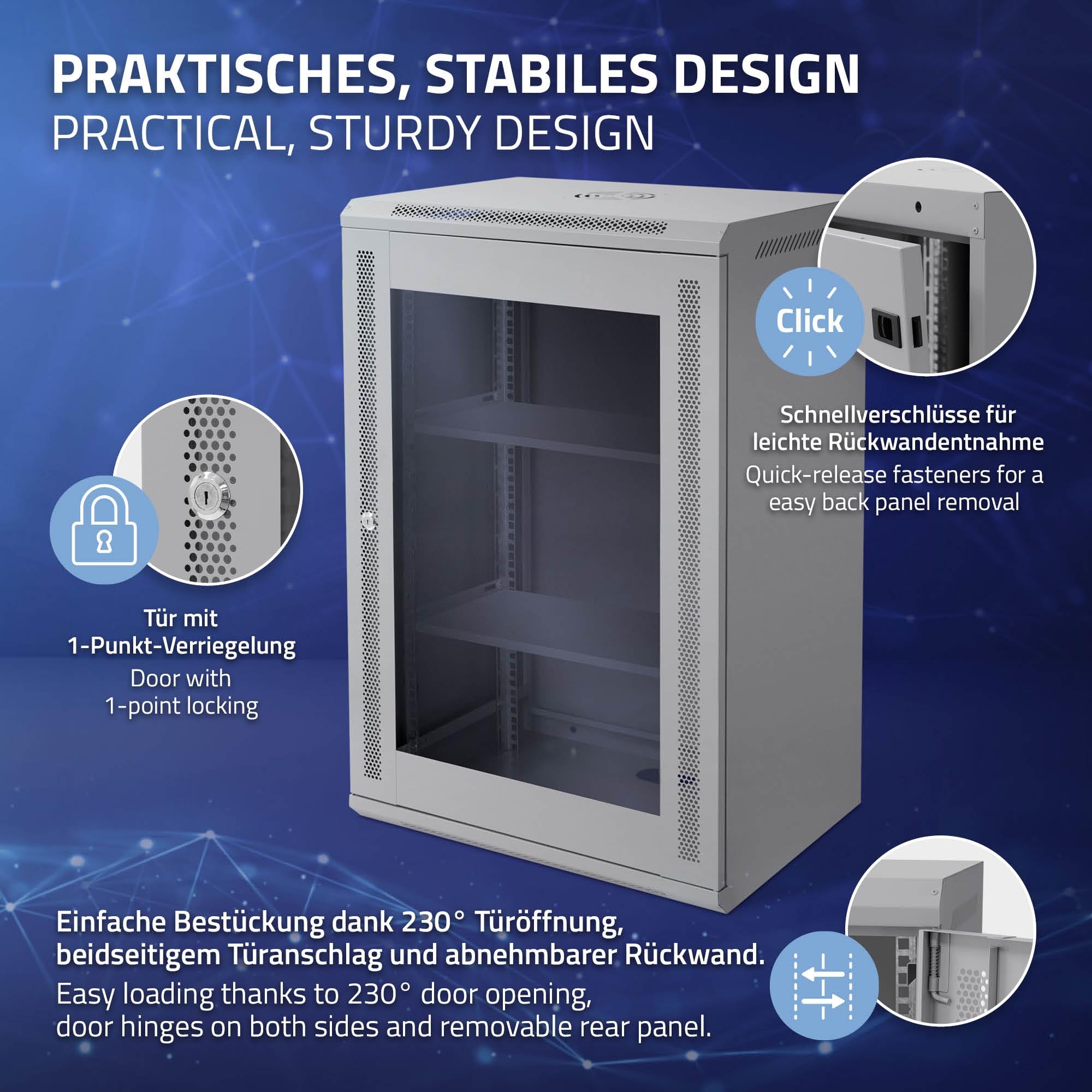 ECD Germany Armadio Rete 18U Armadio per Server 19 Pollici Grigio 450mm Profondità Montaggio a Parete Porta Vetro Sicura Fino a 60 kg Ripiano Incluso Grado di Protezione IP20 Rack 600 x 900 x 450 mm