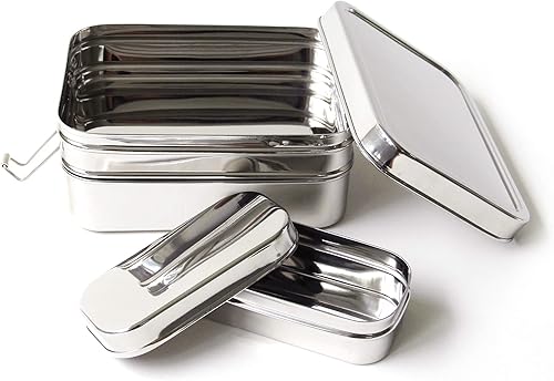 Miniatura 3 de Ecolunchbox Caja Bento de acero inoxidable tres en uno, 2 niveles, contenedor para aperitivos, tamaño gigante, capacidad para 8 tazas de alimentos,