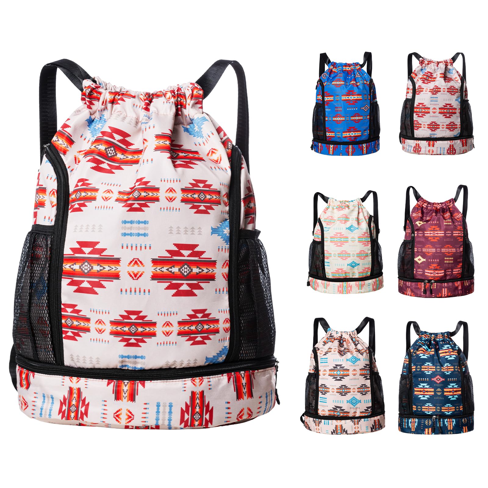 NU TRENDZ Drawstring Backpack, Gym Drawstring Bag, Aztec Sackpack，With Zipper Pocket And Reinforced Bottom For Men Women