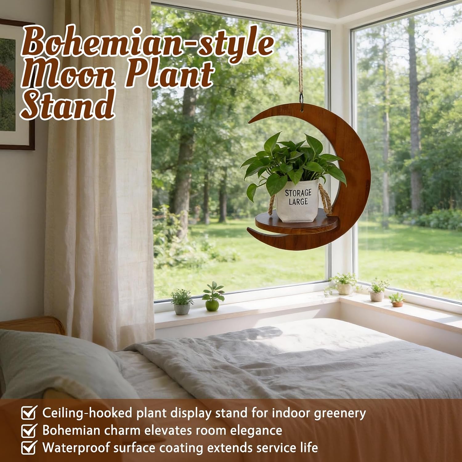 Tnstbiee Moon-Shaped Wooden Hanging Plant Stand,Nordic Modern Window Plant Shelf, Space-Saving Indoor Flower Holder for 3-5.5 Inch Pots,Aesthetic Hanging Plant Tray Decor,Gifts for Gardener & Mother