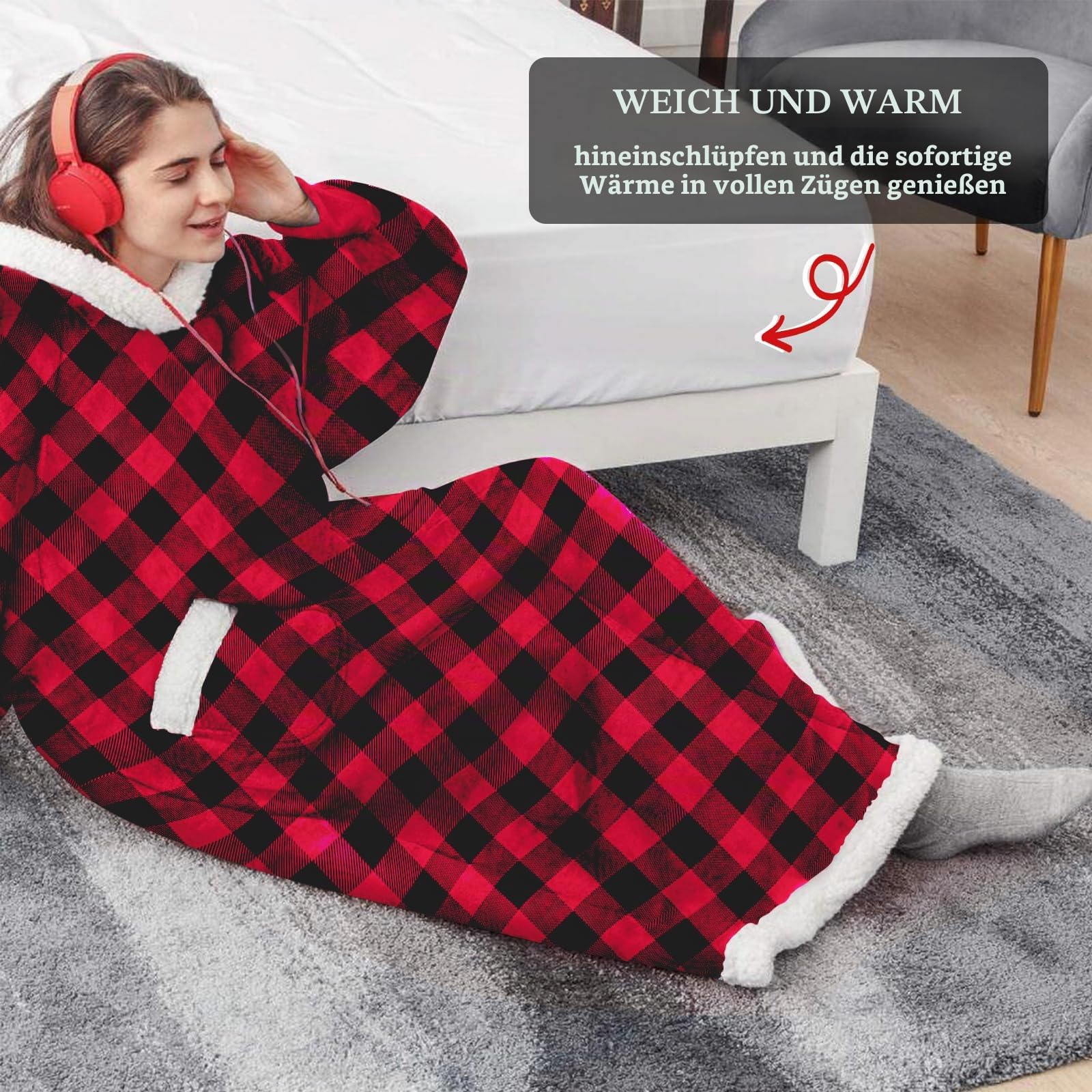 Übergroße Sherpa Hoodie Sweatshirt Decke Weiche Gemütliche Warme Riesen Hoodie Kuscheldecke mit Ärmeln Kapuzenpullover Super Weich und Bequem Weihnachtspullover Geeignet für Erwachsene, Männer, Frauen