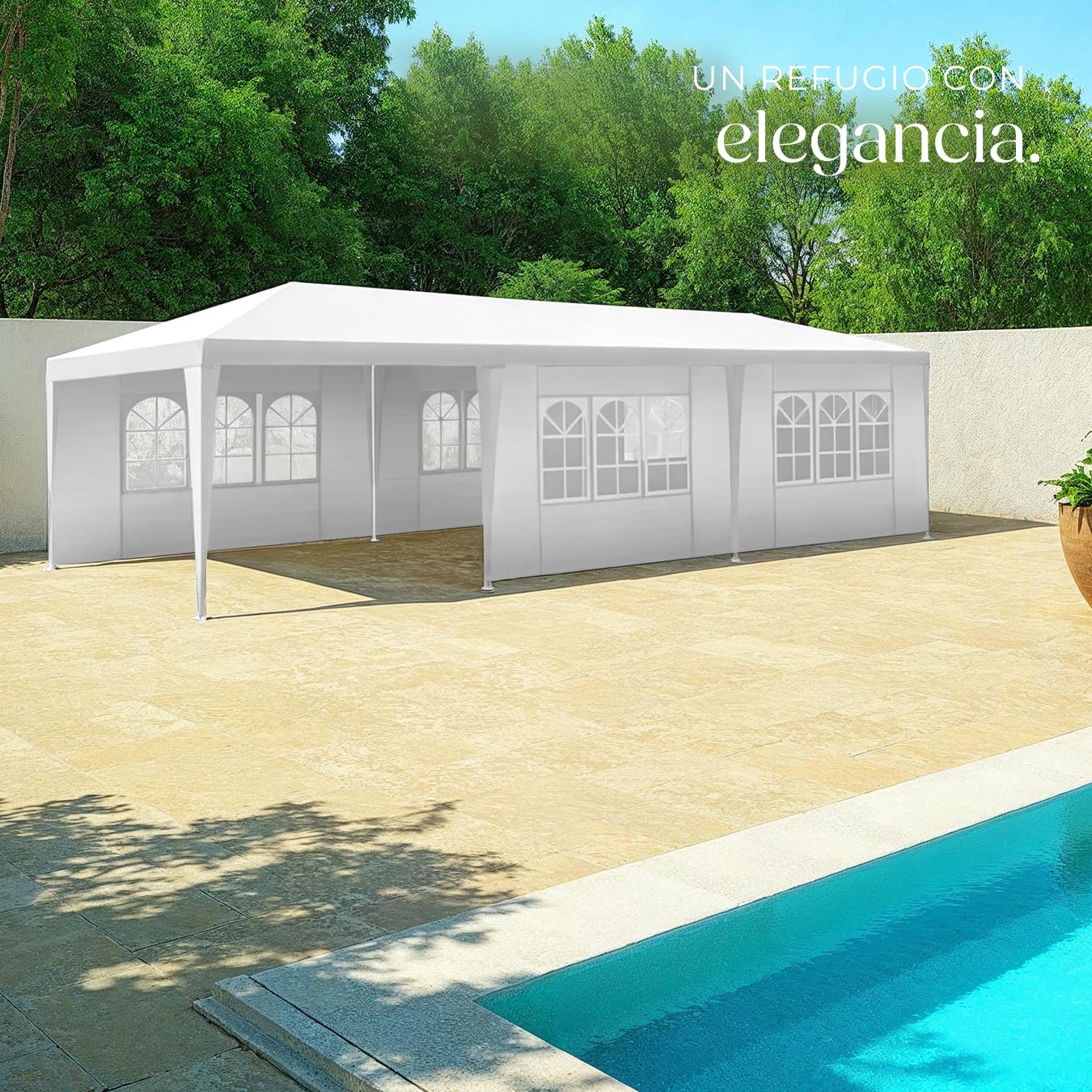 tectake® Carpa Desmontable, con 8 Paneles Laterales Desmontables, Protección a la Intemperie, Cenadores para Jardin, Playa, Cuerdas Tensoras y Piquetas, Carpas para Exteriores - 9x3 m Blanco