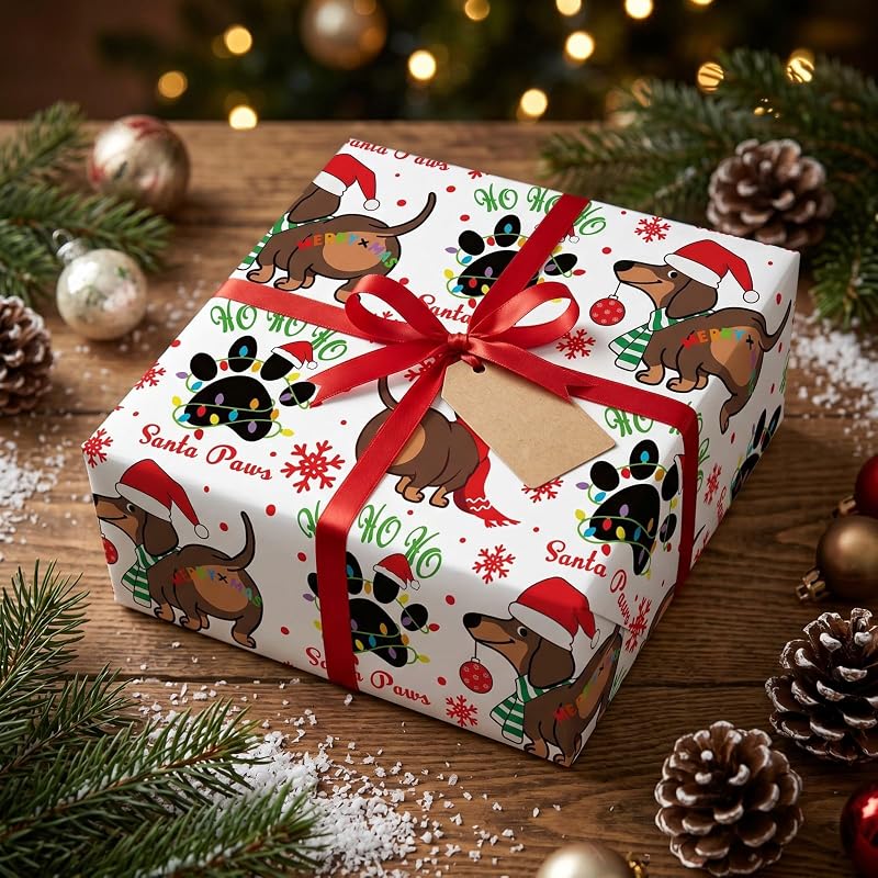 Vnaaem Dog Christmas Wrapping Paper Roll – Funny dachshund with merry Xmas message