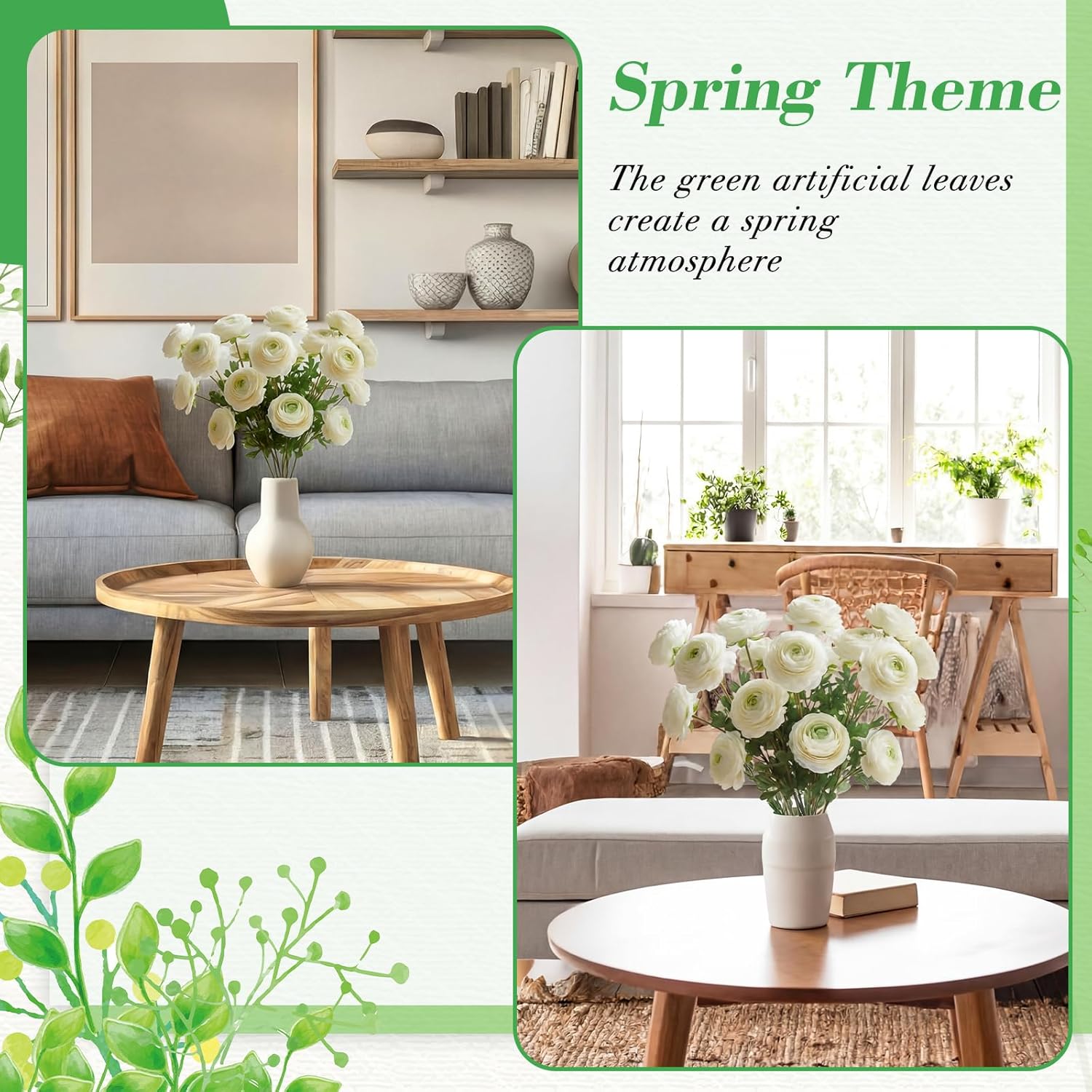 Hotop 3 Packs Faux White Ranunculus Flower Branch Spray with 39 Heads 22 Inch Spring Artificial Arrangement Ranunculus Bloom & Leaf Flower Bouquet Stems for Vase Wedding Party Home Decoration