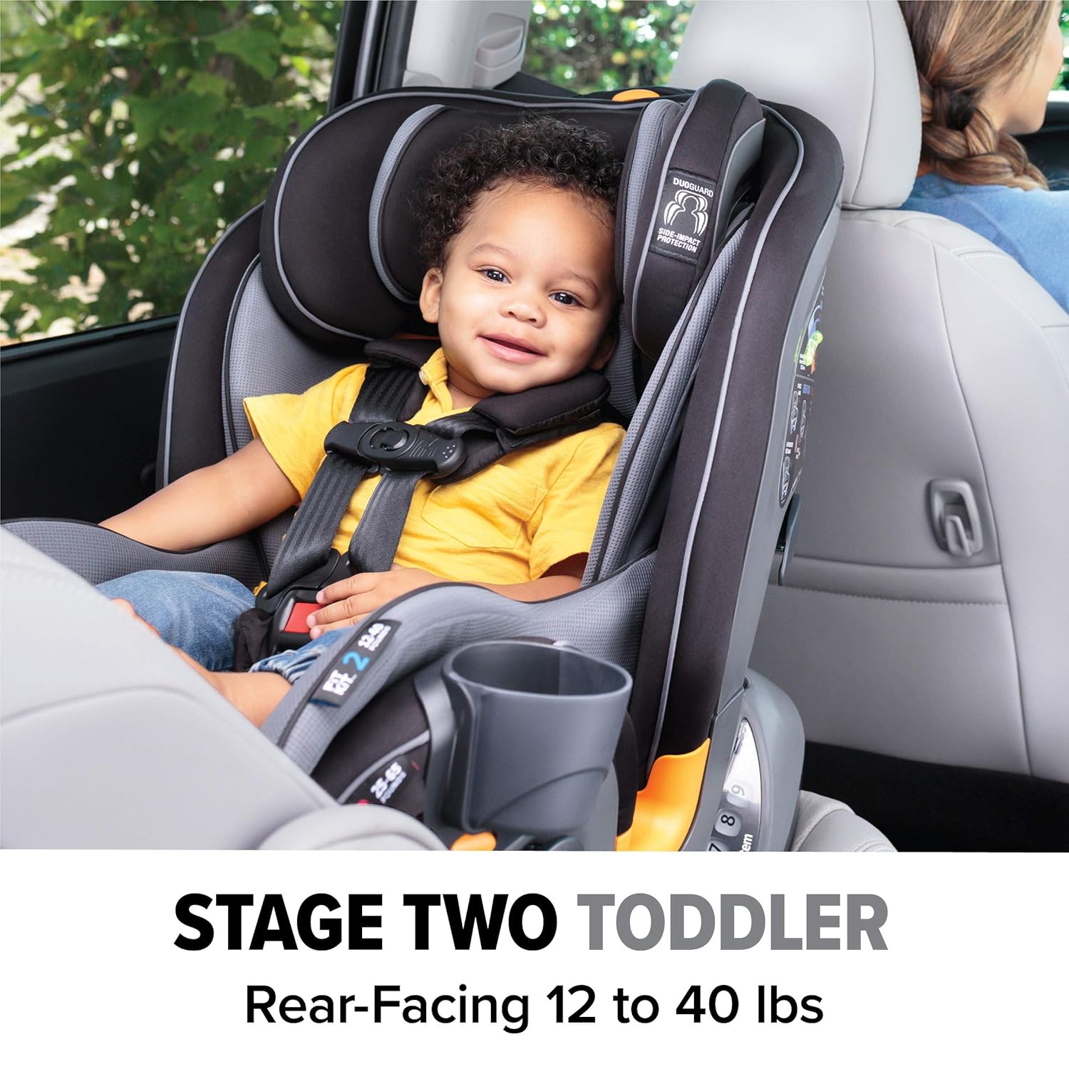 Preschooler in Chicco Fit4 car seat in forward-facing mode with 5-point harness
