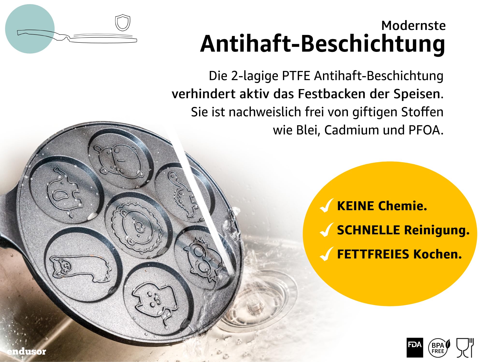 endusor Pancake Pfanne mit Tiermotiv - 7 lustige Kinder-Motive | Ø26cm mit [PowerShield]-Beschichtung | Induktion Ceran Gas Elektro | mini Form Maker, Tierwaffel mit Figuren