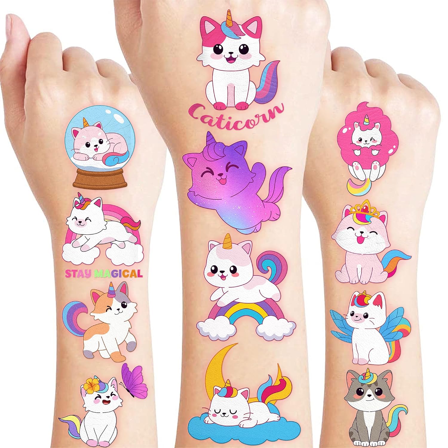 96 PCS Cute Caticorn Pre-Cut Temporary Tattoos for Kids