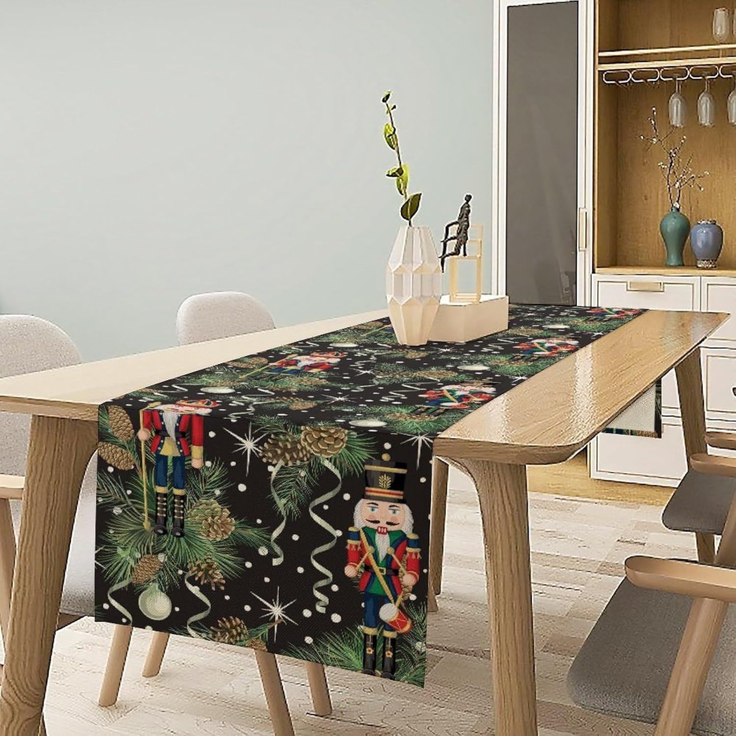 Christmas Tree Table Runner Pine Cones Snowflakes Toy Stars Farmhouse Cottage Coffee Table Mantel Dining Indoor Outdoor Kitchen Wedding Holiday Camping Decoration 13×120in