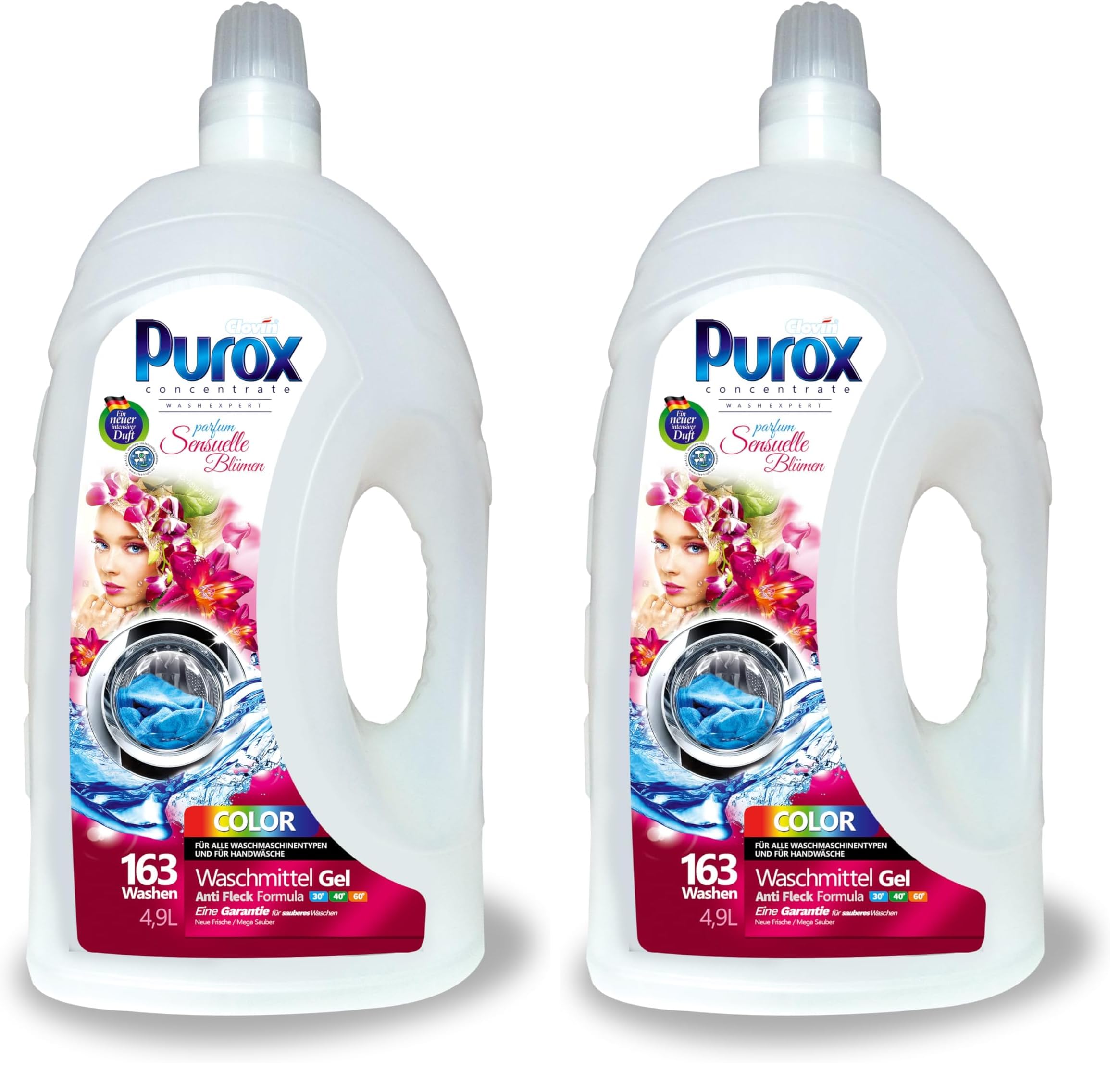 PUROX COLOR Detergente Lavadora Líquido Gel Sensuelle Blumen (163 Lavados) – para ropa de color, con fragancia floral, elimina manchas, ecológico, protección antical, 4,9 L (Paquete de 2)