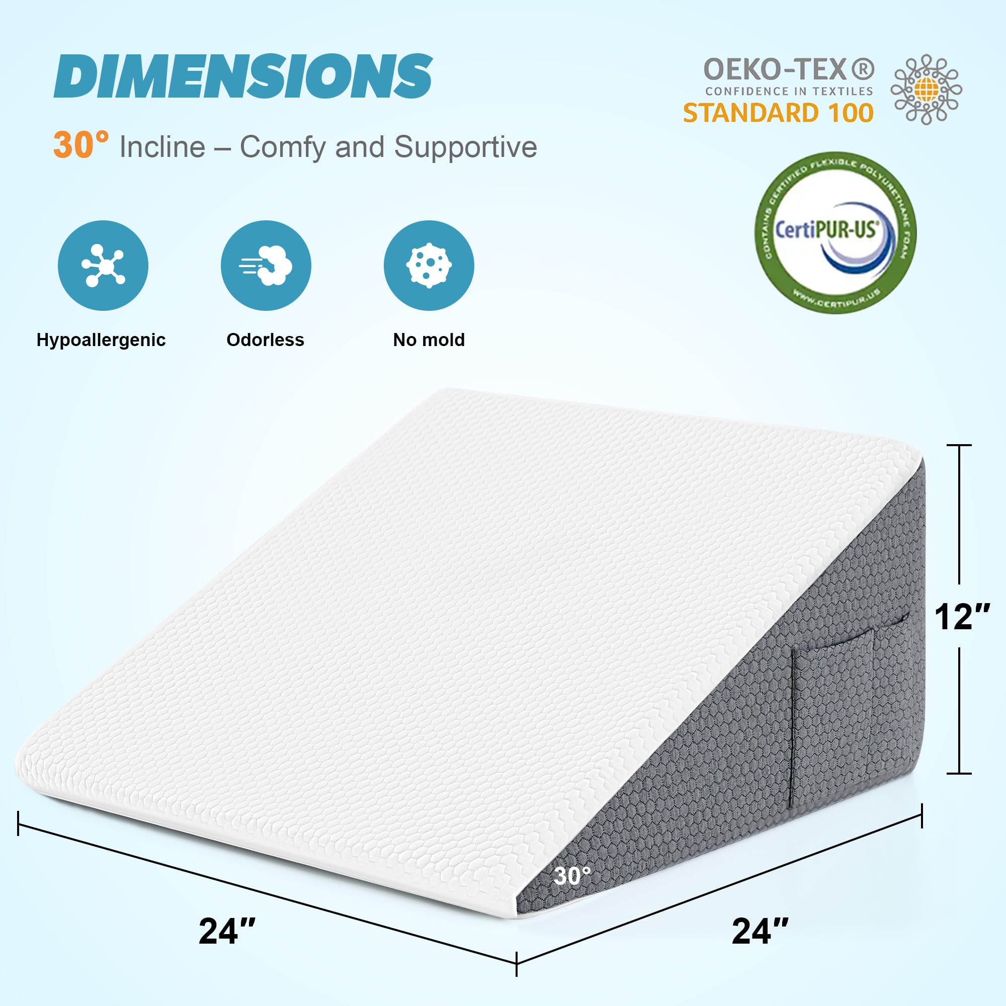 Cuscino a cuneo per dormire – 60x60x30 cm Cuscino triangolare per testata del letto, in memory foam, GERD, russamento, sollievo dal mal di schiena dopo gli interventi chirurgici, sollevamento