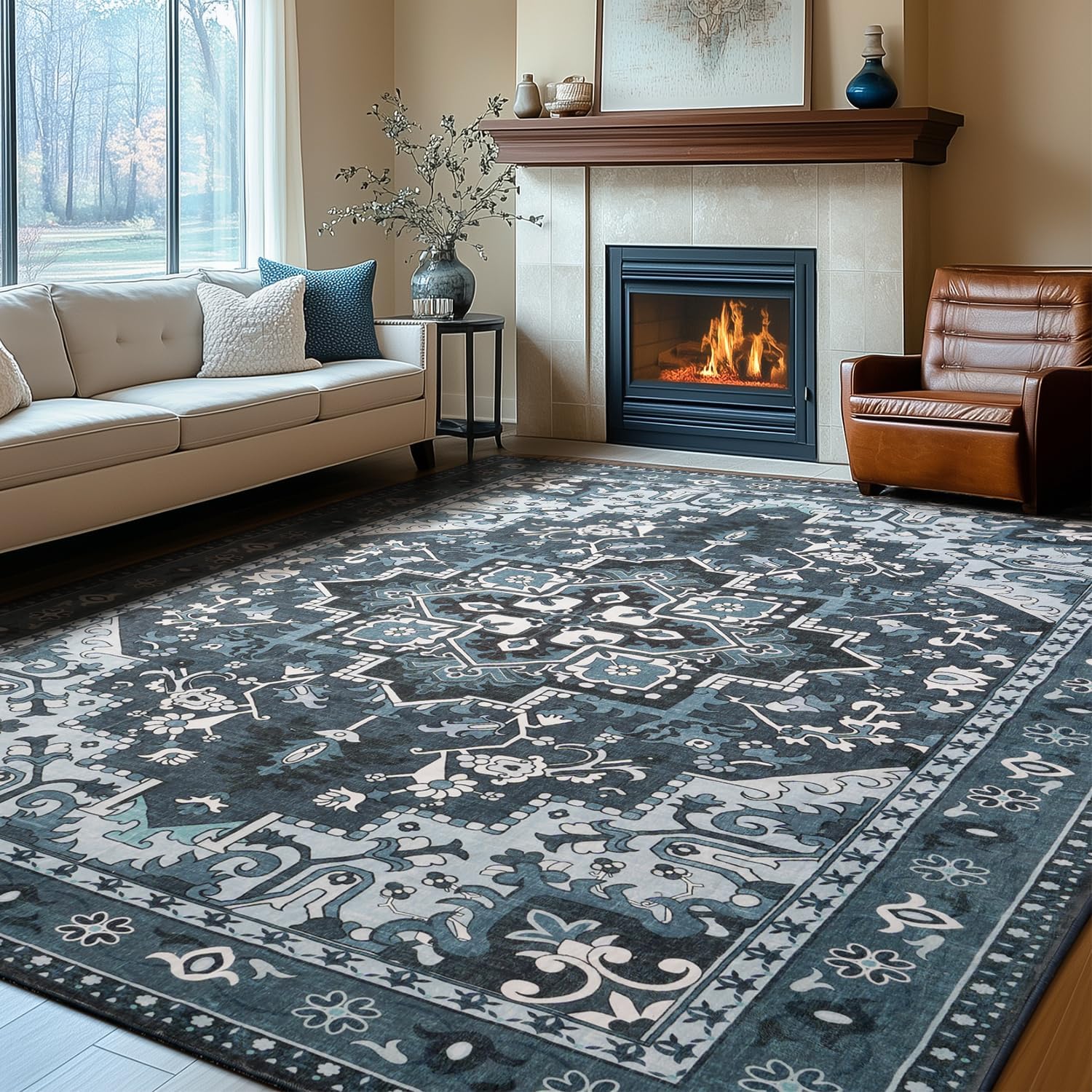 Rugflix 8x10 Area Rugs Machine Washable, Dark Navy Blue Carpet for Living Room, Oriental Indoor Area Rug Low Pile, Large Soft Thick Carpets Non Slip, Farmhouse Vintage Rug for Bedroom Dining Room Blue 8' x 10' (Rectangular)