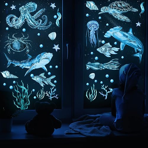 Miniatura 6 de Sabary 4 calcomanías de pared que brillan en la oscuridad del océano bajo el mar, calcomanías de pared de peces, calcomanías de PVC de animales