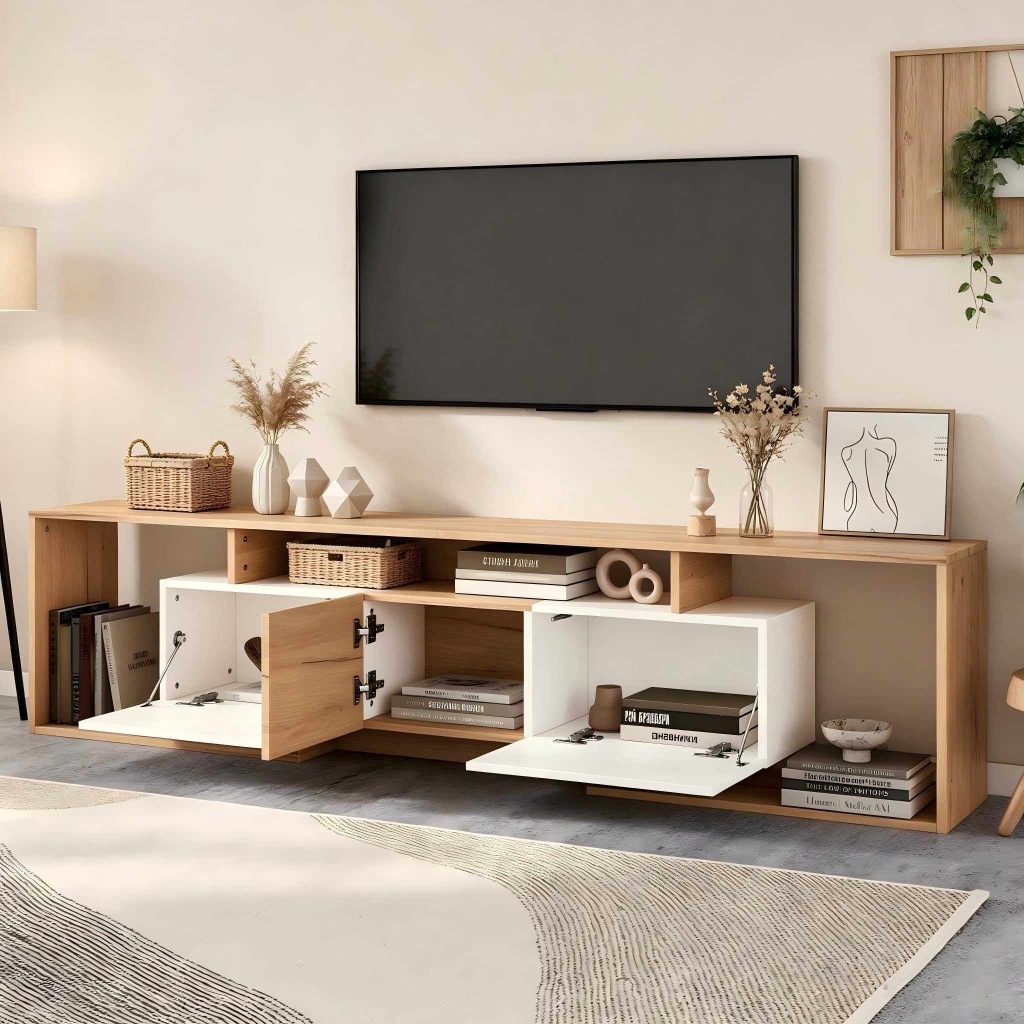 Mueble de TV bajo con espacio de almacenamiento, 180 cm, color
