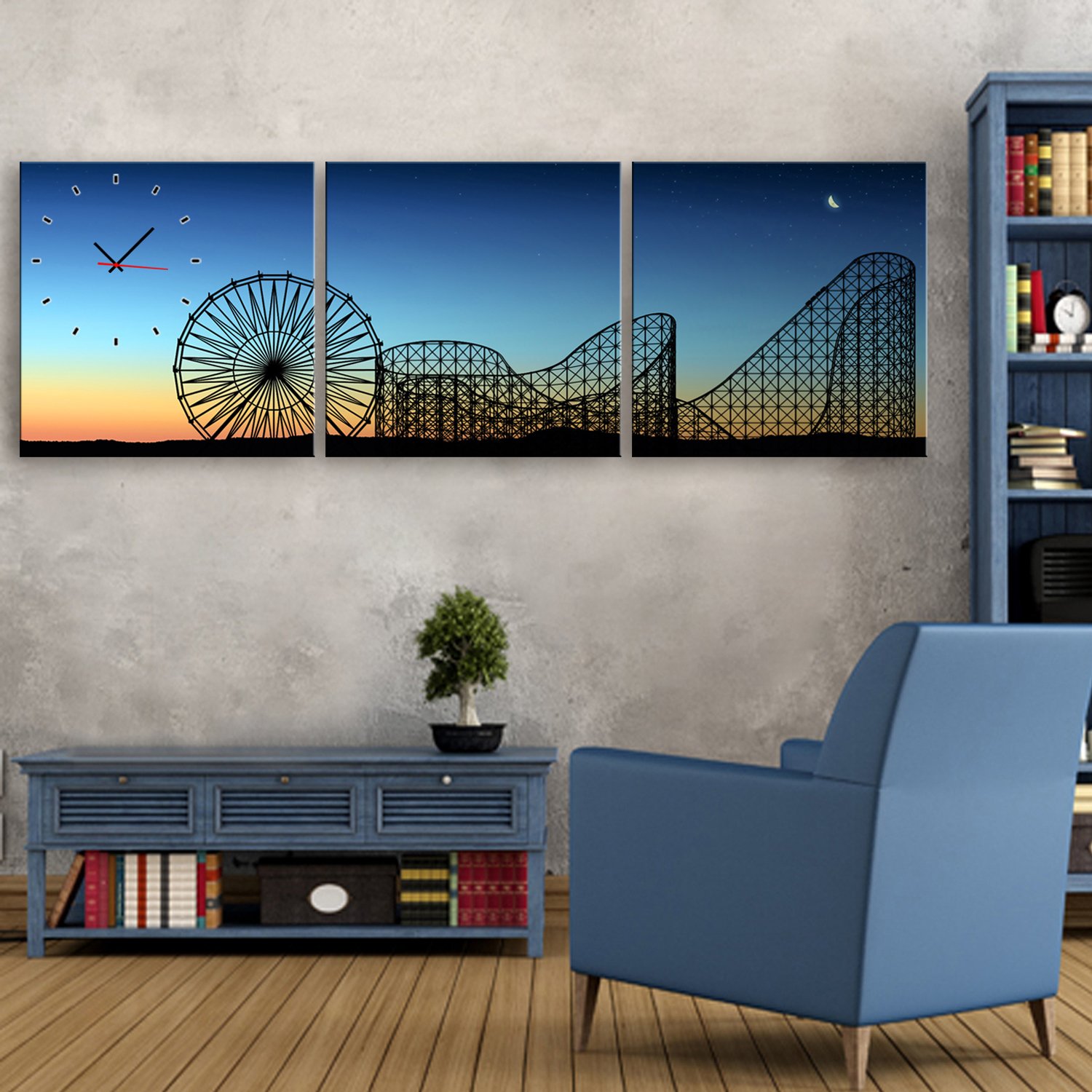 Amazon.co.jp: TX芸術の個性化時計（夕暮れの遊園地）キャンバスに時計