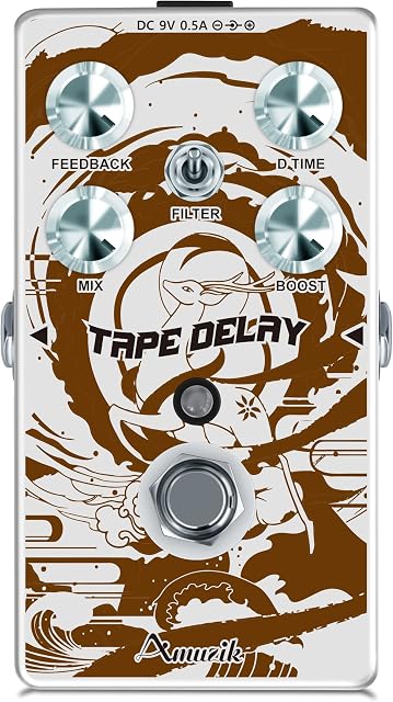 Amuzik Tape Delay Guitar Effects Pedal Mini Size with Art Design for Electric Guitar and Bass, Brown and white