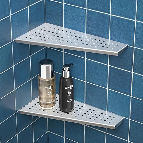 Miniatura 6 de Estante esquinero para ducha, 2 unidades, estantes de baño en forma de trapezoidal de 12 pulgadas para pared de azulejos, lechada de acero