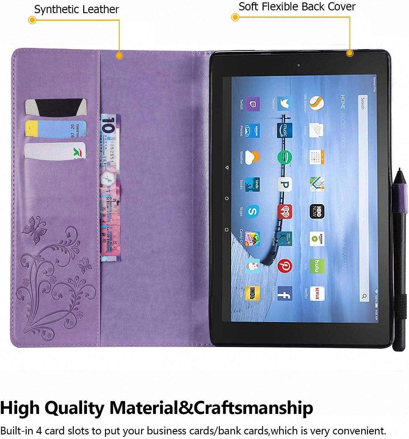 Fire HD 10 Case (9th/7th Generation, 2019/2017 Release) - Dteck Slim Premium PU Leather Case Embossed Butterfly Design Folio Stand Wallet Cover for All-New Amazon Kindle Fire HD 10.1" Tablet, Purple