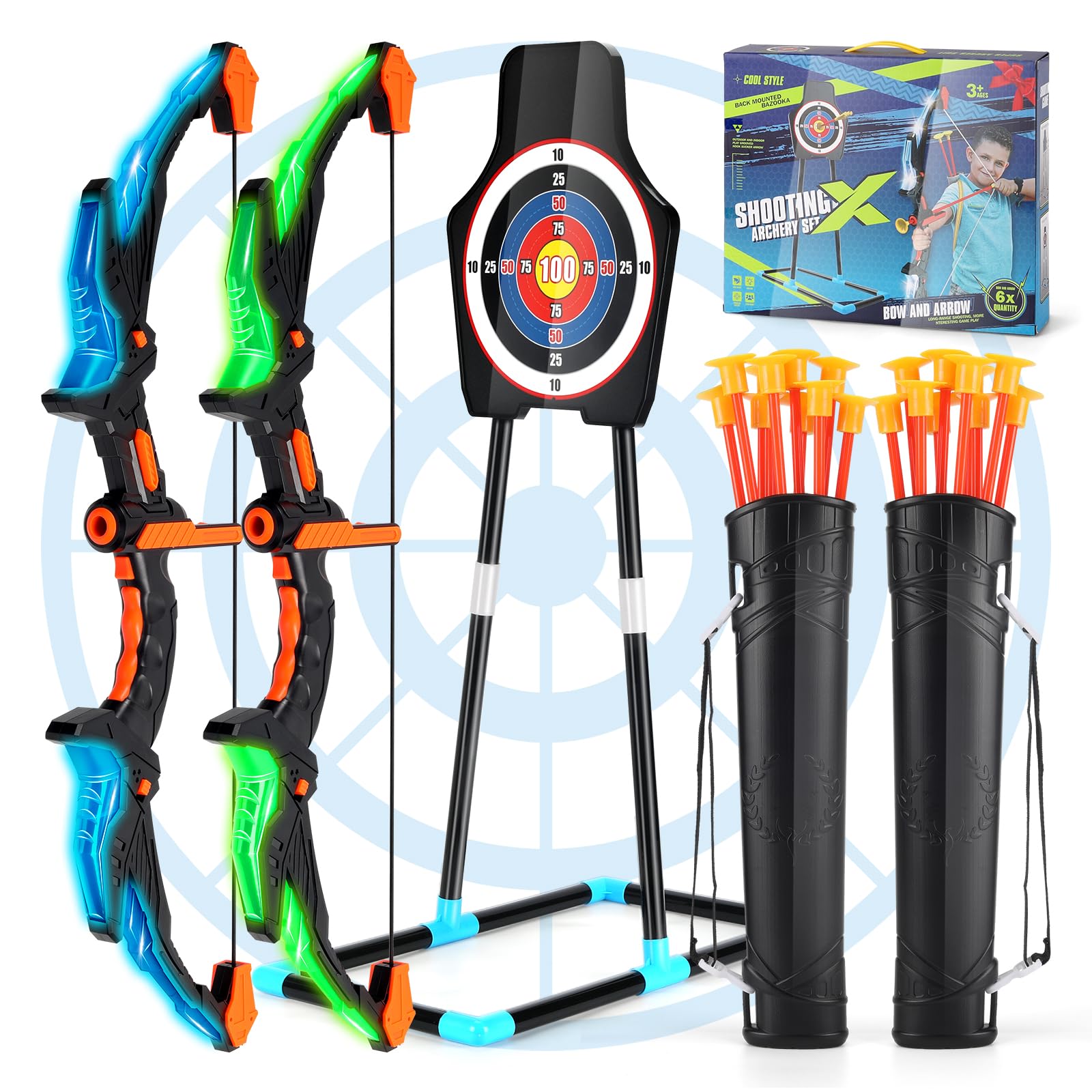 Bow and Arrow Set for Kids - Archery Set with LED Lights - kids bow and arrow set Includes 20 Suction Cup Arrows, 2 Quivers, Standing Target, Outdoor Toys Gifts for 3-12 Years Old Boys Girls Kid
