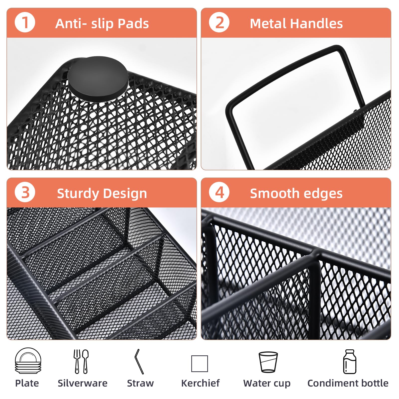 Organizador de cubiertos con asa, organizador de utensilios de metal para encimera de cocina, 7 compartimentos para plato, taza, servilleta, dispensador de platos de papel para fiesta, picnic 4