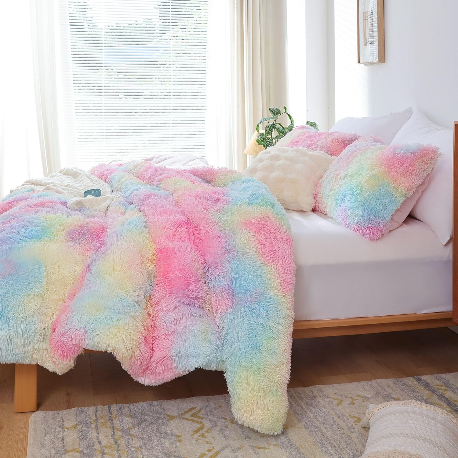 Smoofy Fluffy Twin Comforter Set, Rainbow Faux Fur Comforter Set, Luxury Fuzzy Twin Bedding Set, Soft Shaggy Bed Set for All Season, 2 Pieces - 1 Comforter & 1 Pillowcase, Tie-Dye Pink - Image 6